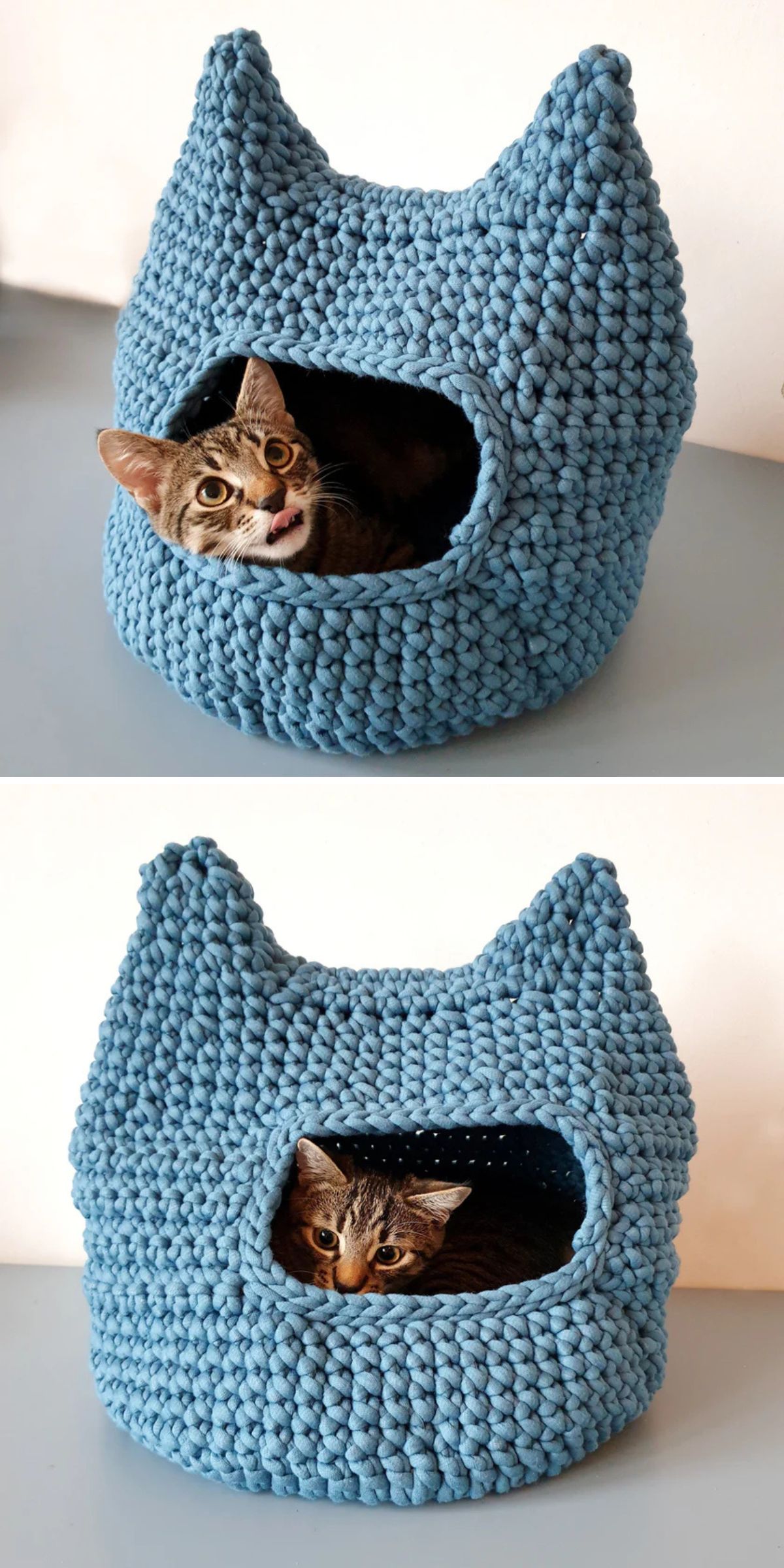 A tabby cat sits inside a blue, crochet cat-shaped bed — one of our cozy crochet cat accessories; in the first image, its head peeks out, while in the second, it is lying down snugly inside the bed.