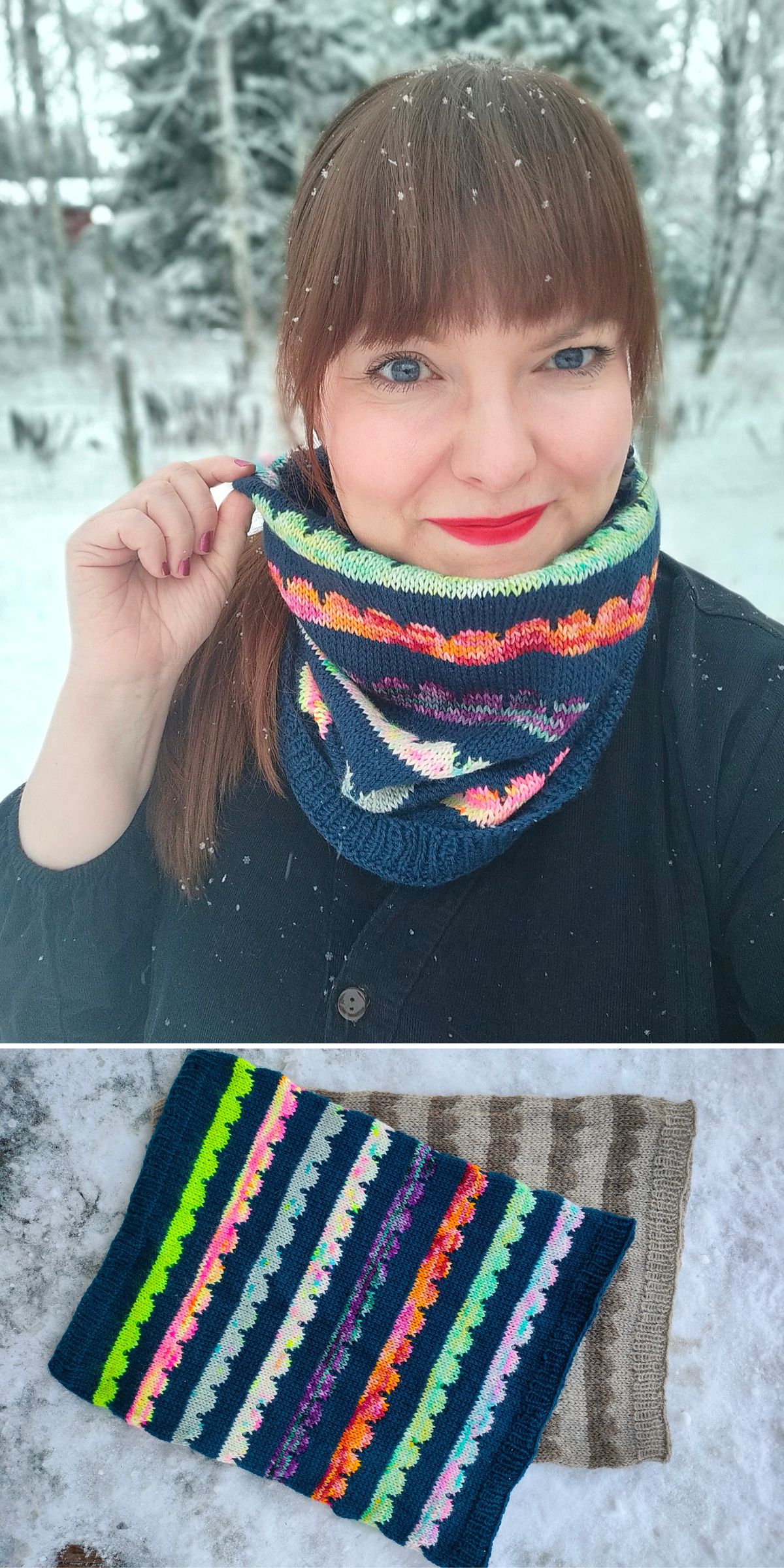 A woman poses outside in snowy weather wearing a colorful knitted cowl; below, two knitted cowls with striped and patterned designs are displayed on snow.