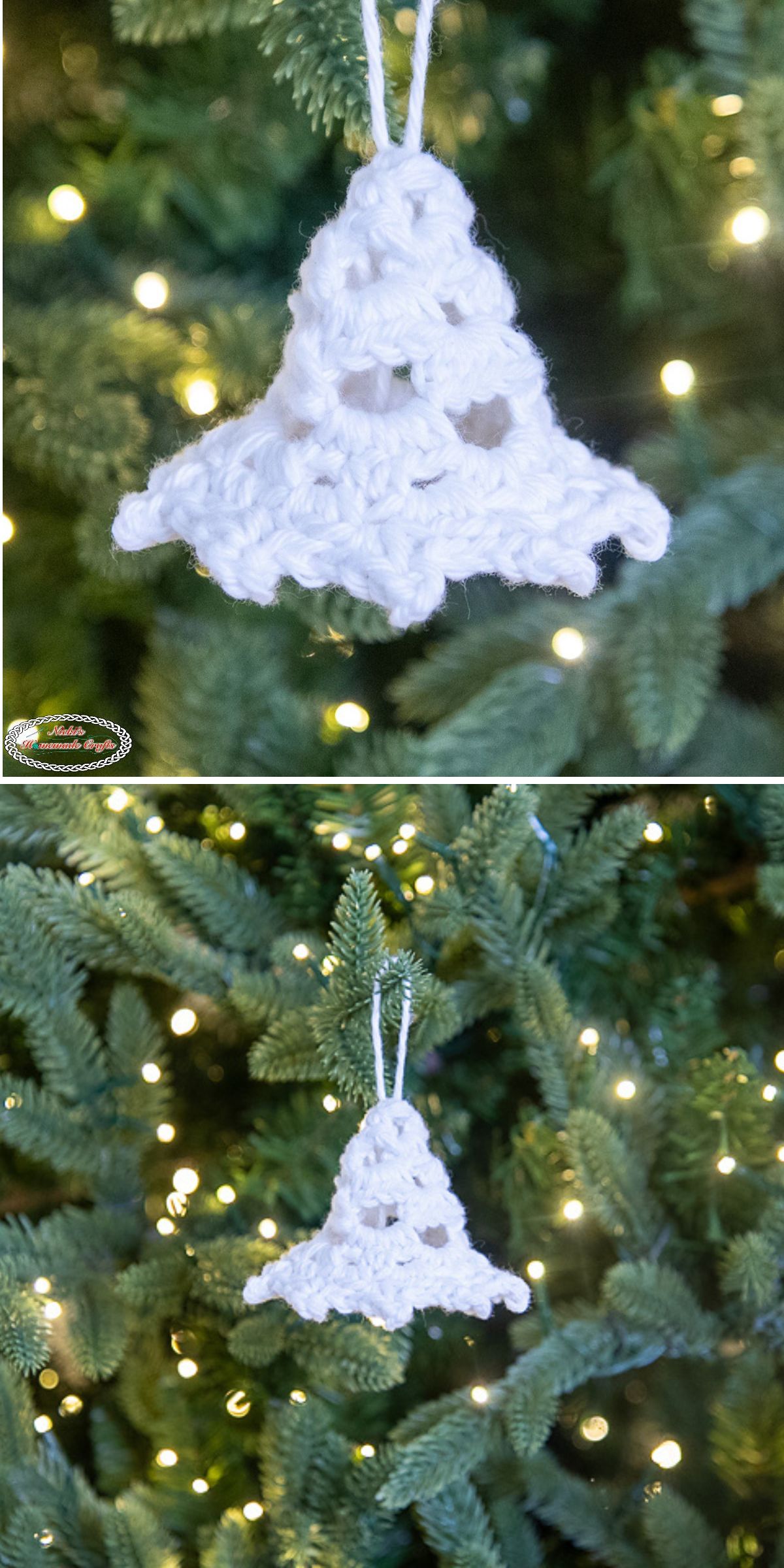 A white crochet Christmas bell ornament hangs on a green Christmas tree with white string lights in the background.