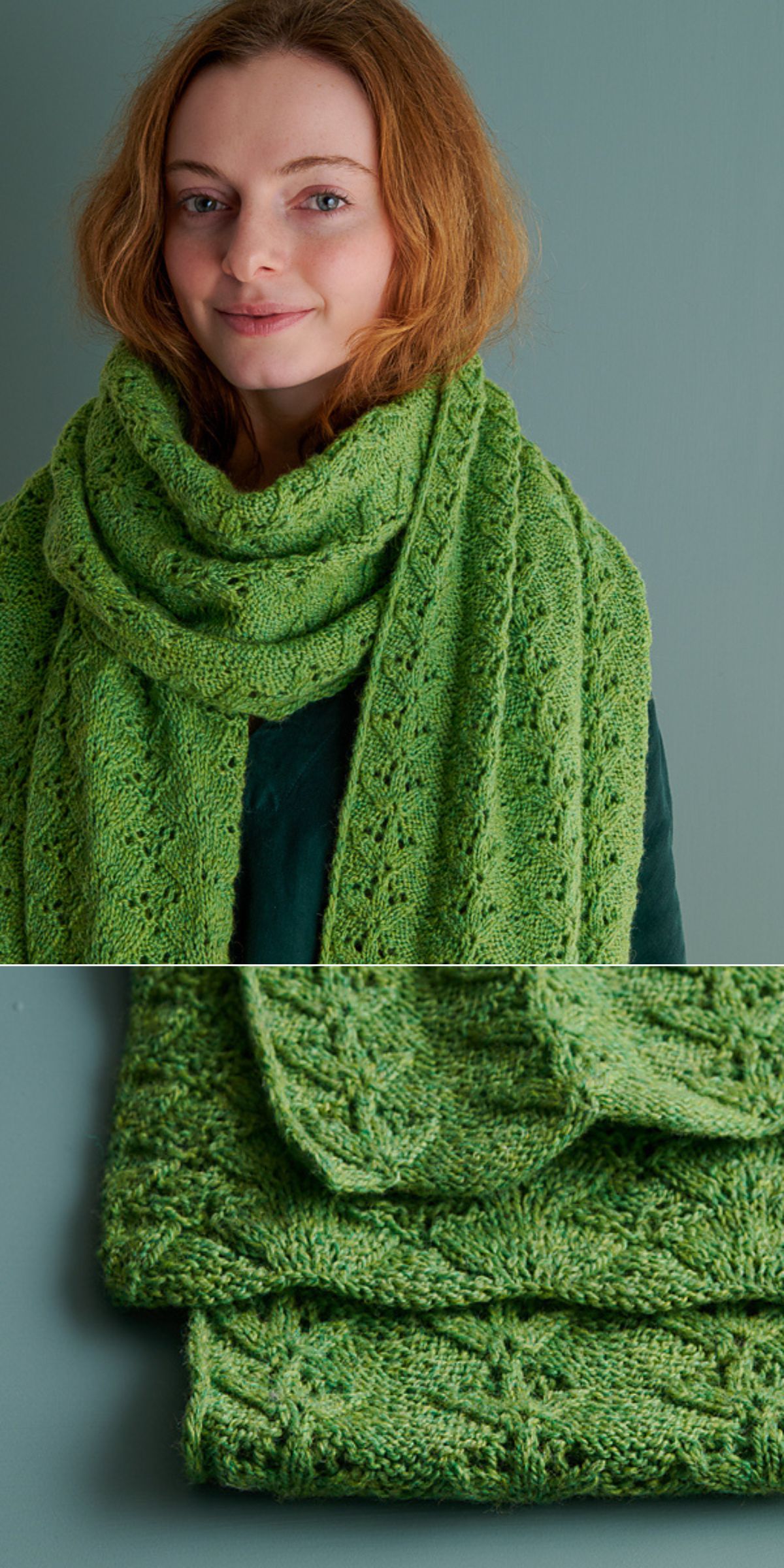 reen knitted wrap scarf with textured stitch, cozy everyday wrap knitting pattern