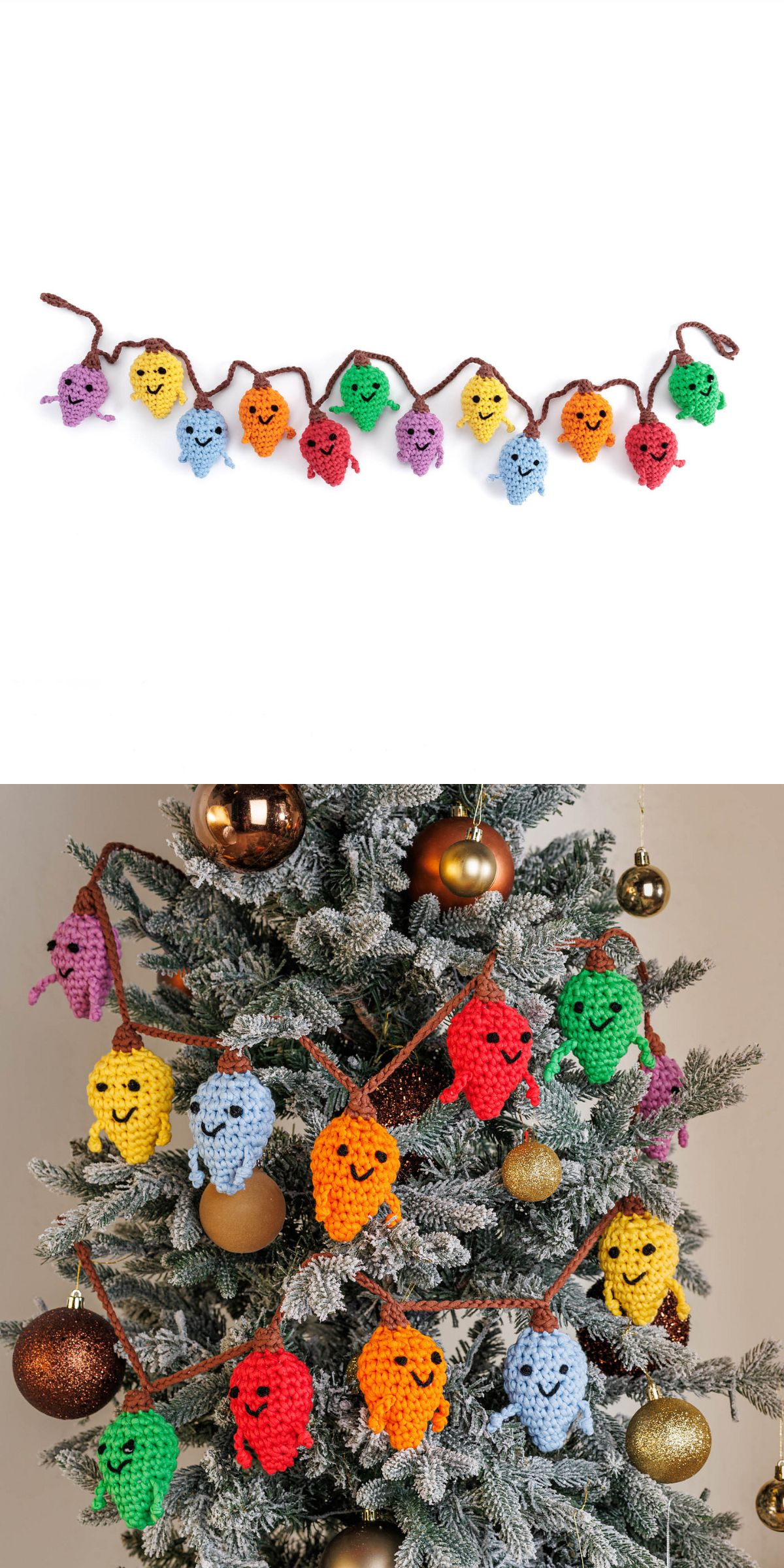 A string garland of colorful crochet ghosts and snowflake motifs is displayed on a white background and draped on a Christmas tree decorated with gold ornaments, adding a charming crochet ornament touch.