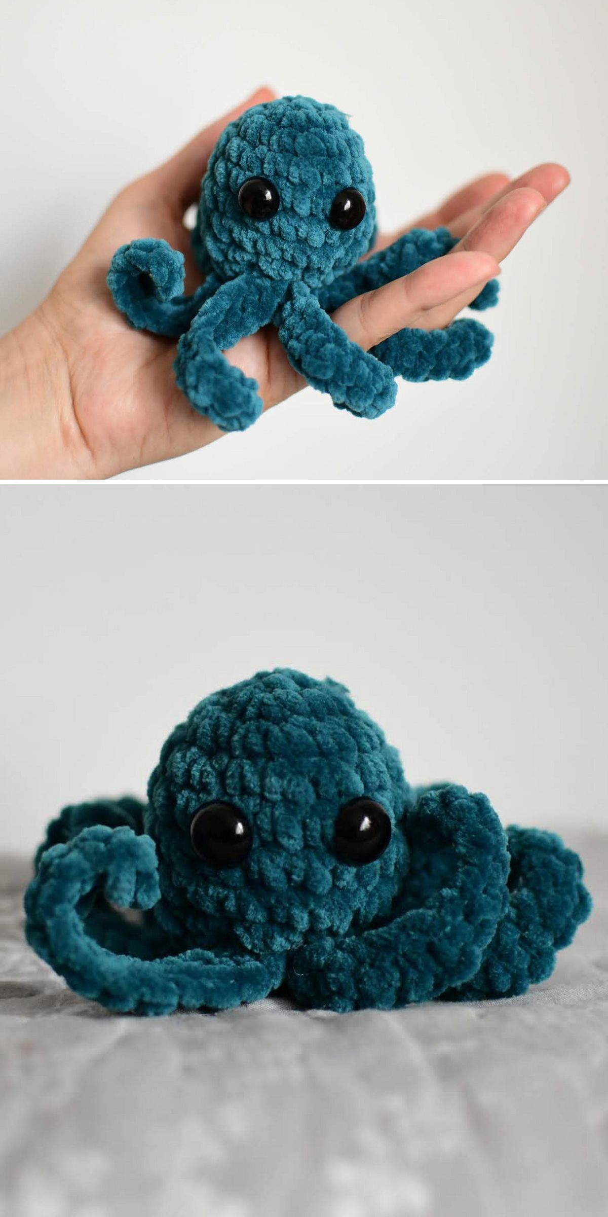 A small, teal, crocheted octopus plush — this tiny octopus amigurumi with black eyes — is shown resting on a person's hand and on a flat surface.