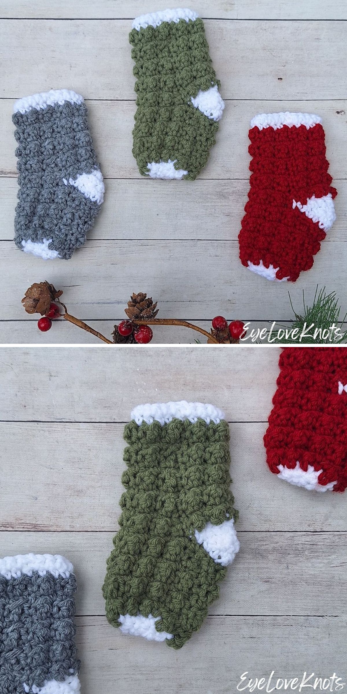 Three small Crochet Christmas Stockings — one gray, one green, and one red—each with white heels and cuffs, are displayed on a light wooden surface.