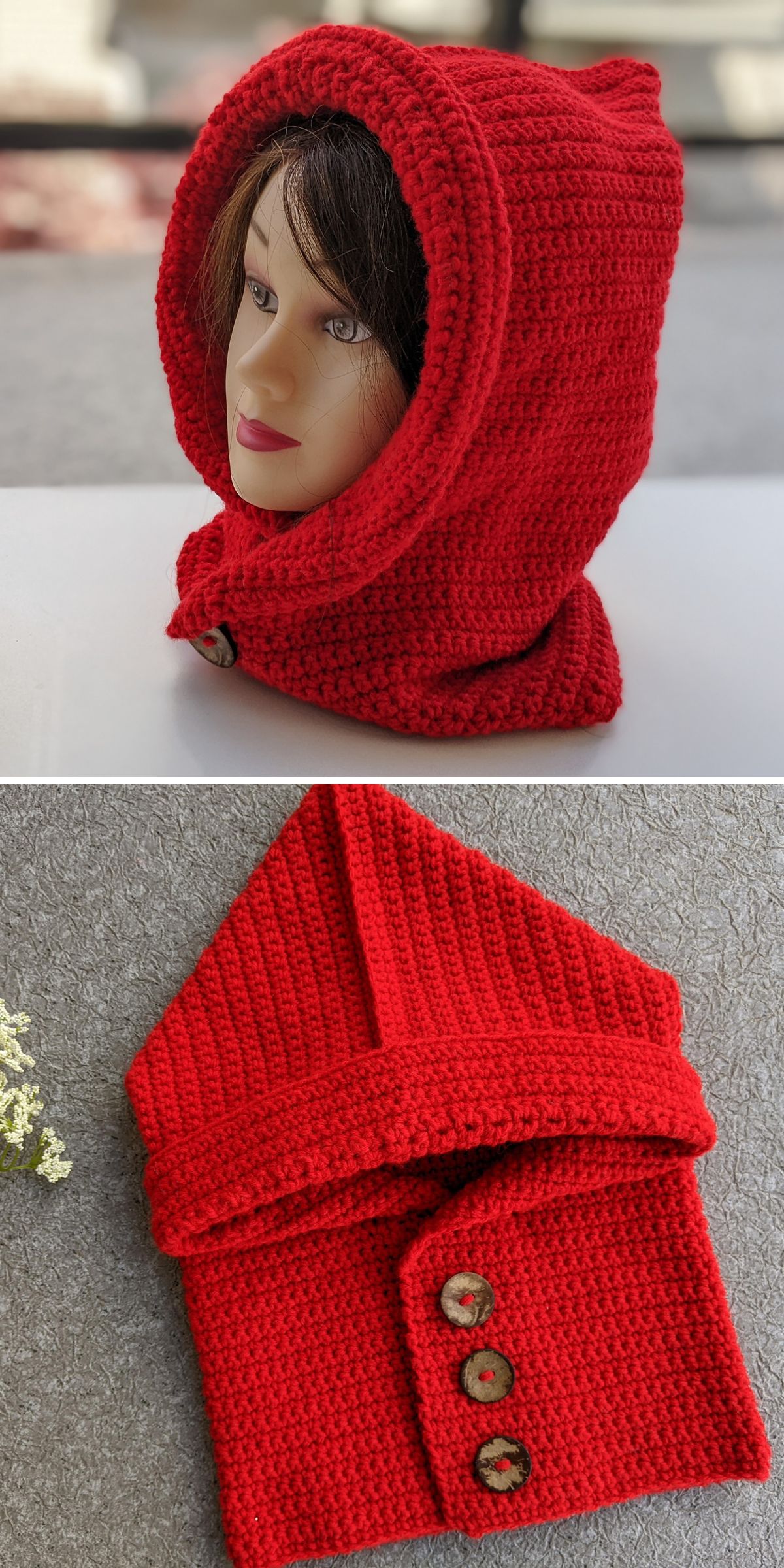 A red bold crochet hood with a buttoned neck, shown on a mannequin head in the first image and laid flat with buttons visible in the second—perfect for those seeking unique crochet hood patterns.
