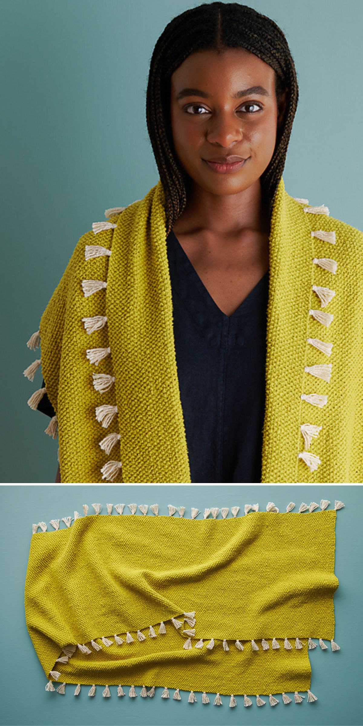 Knitted wrap with tassel edging, simple and elegant wrap knitting pattern
