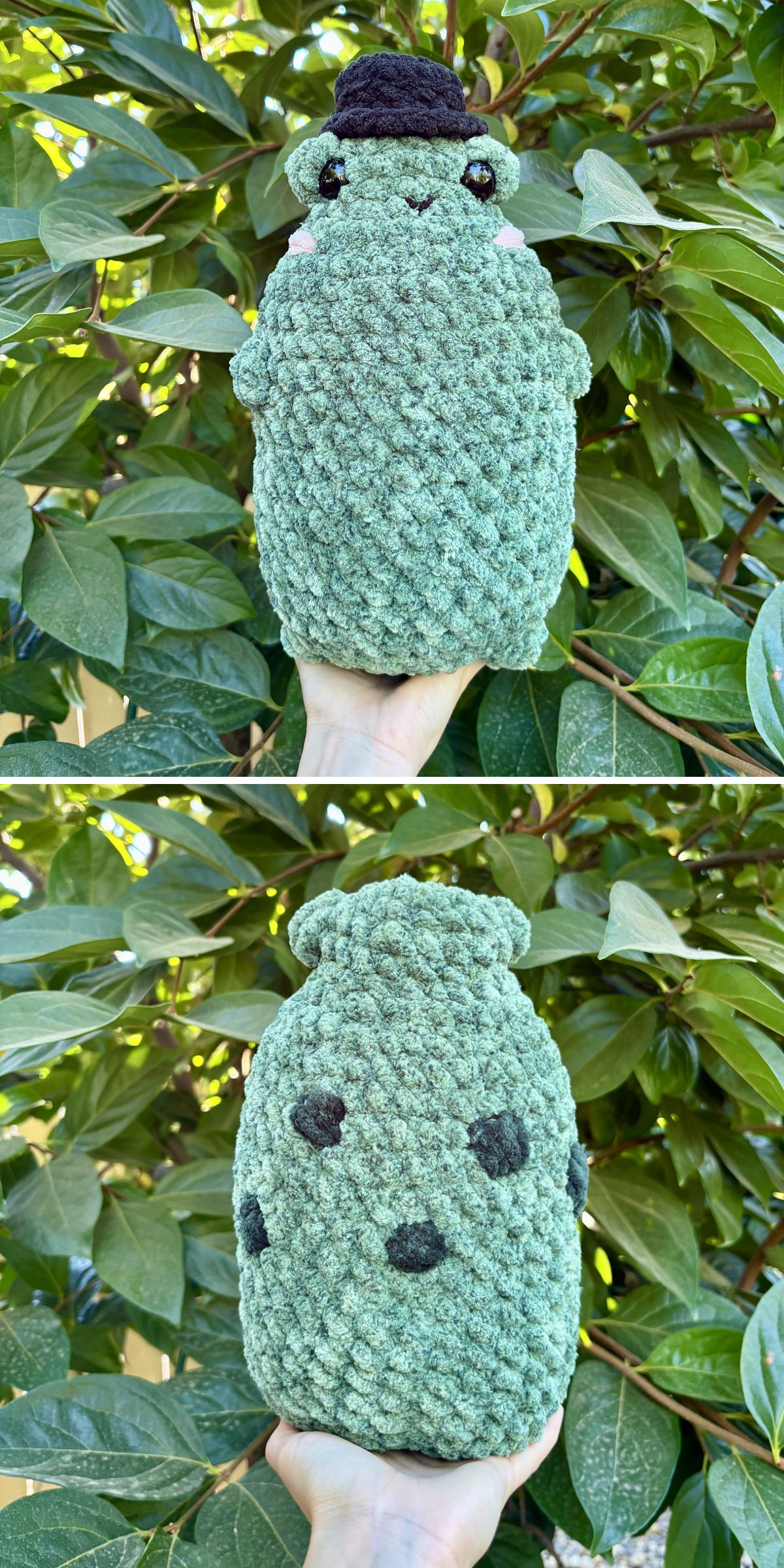 a big crochet loaf frog shown from the front and back