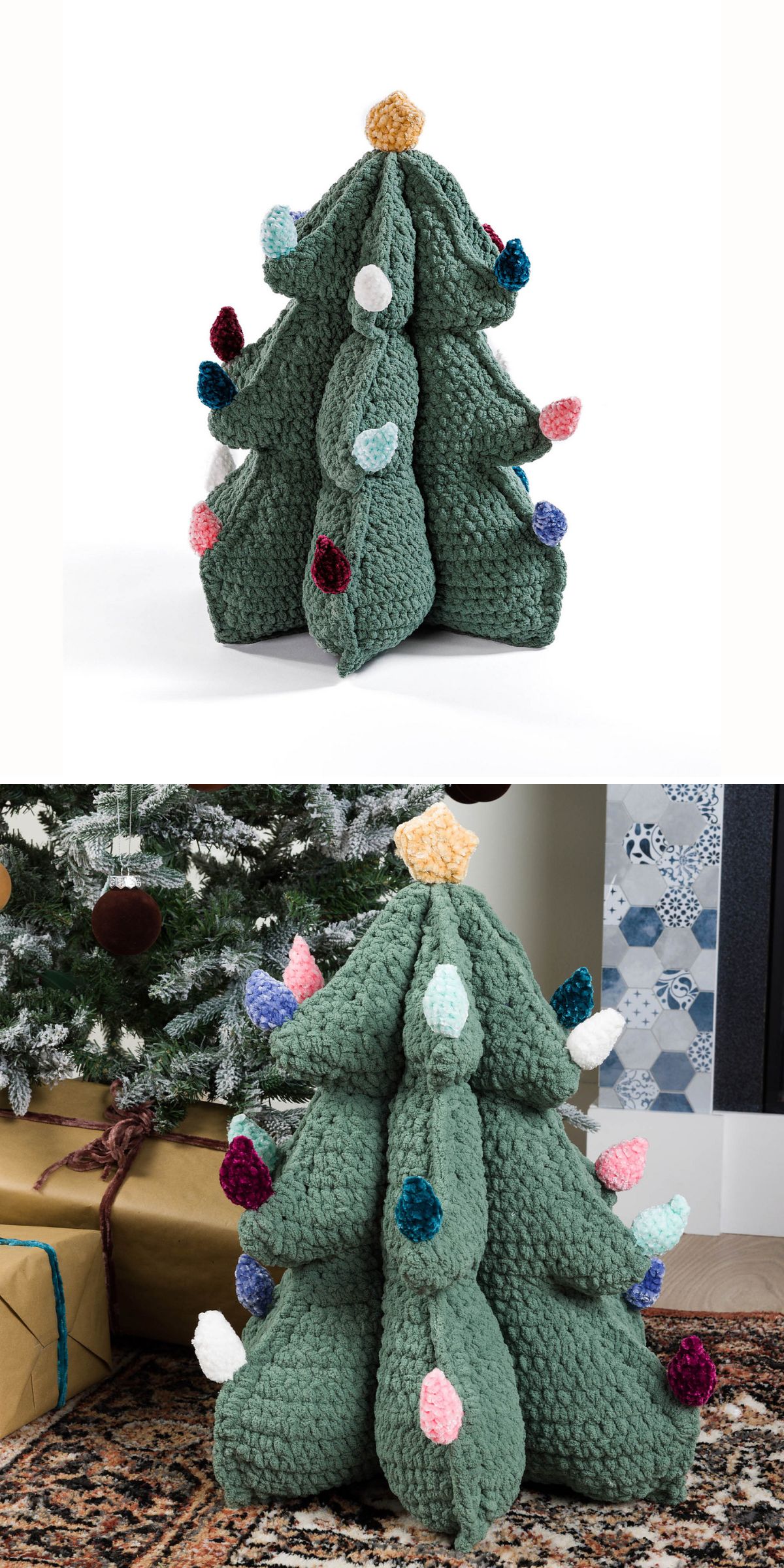 A plush, textured crochet Christmas tree with multicolored pom-pom ornaments and a yellow star topper, shown alone and next to a decorated tree and wrapped gifts.