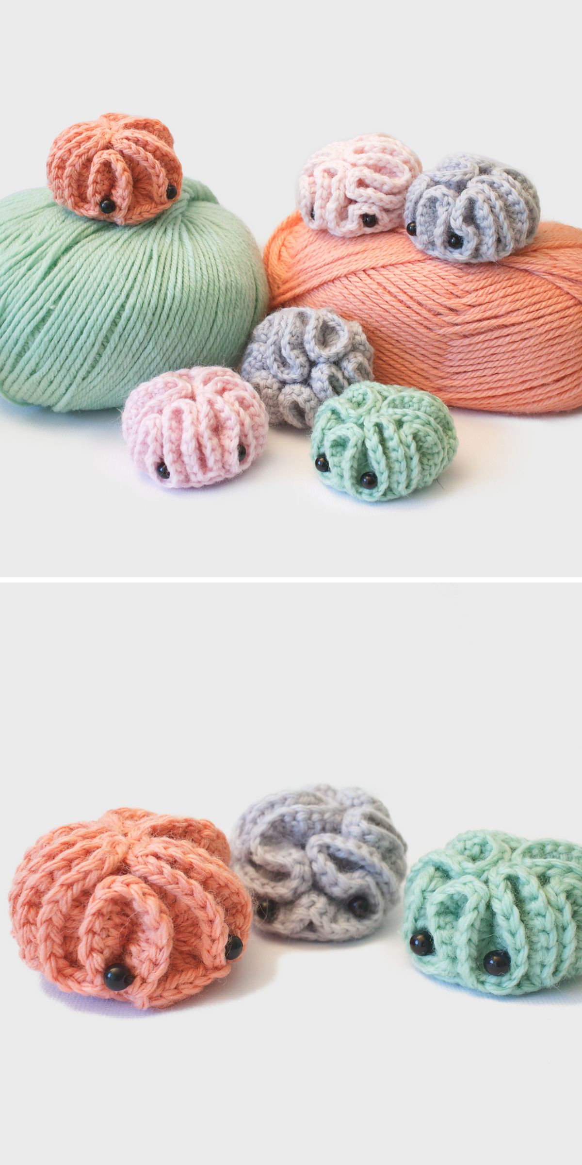 Three skeins of yarn with five small, pastel crochet baby toy octopus figures, each featuring black bead eyes, displayed on a white background.