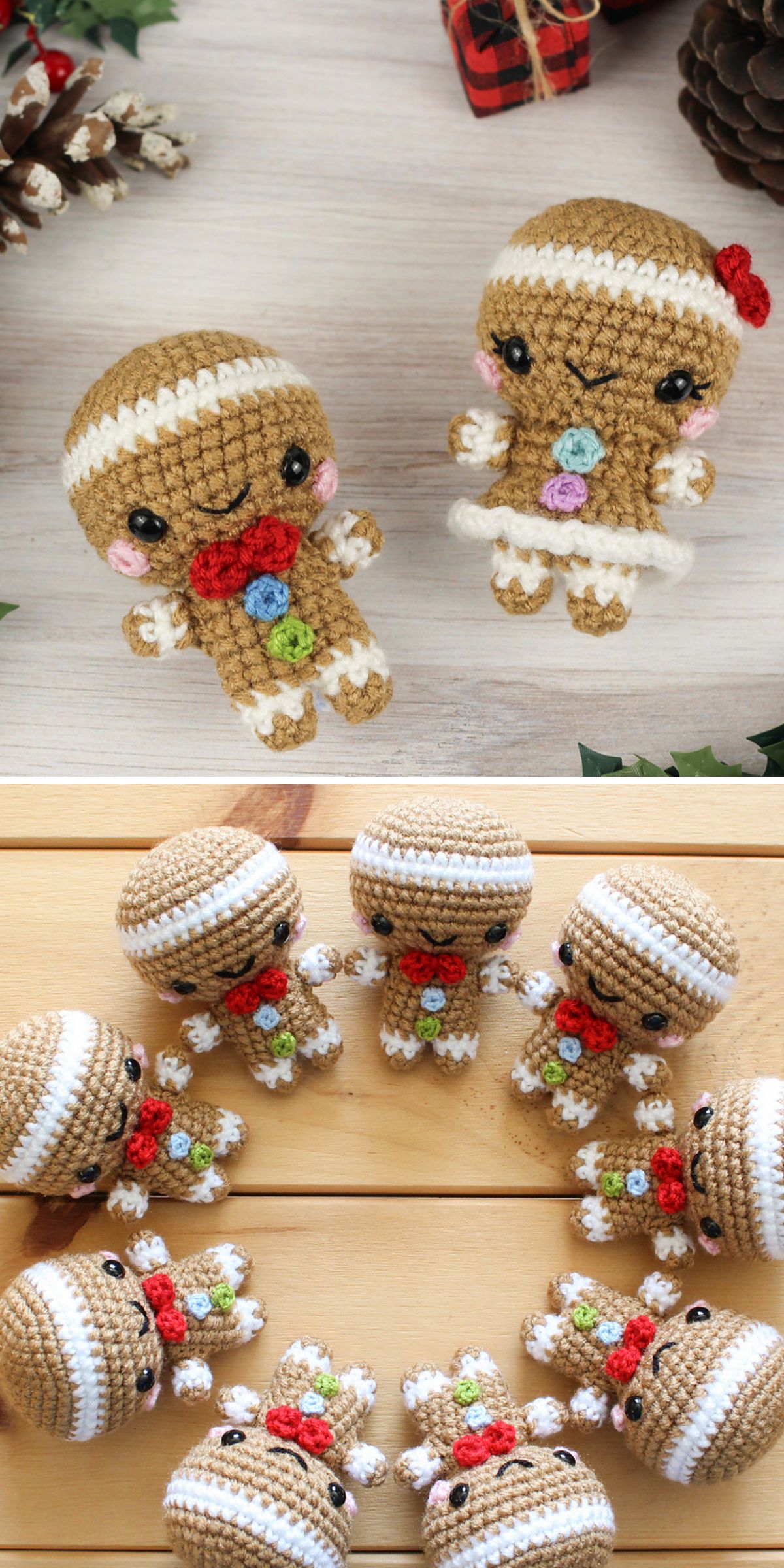 Two photos of crochet gingerbread man dolls: one features two standing figures, while the other shows several arranged in a circle on a wooden surface.