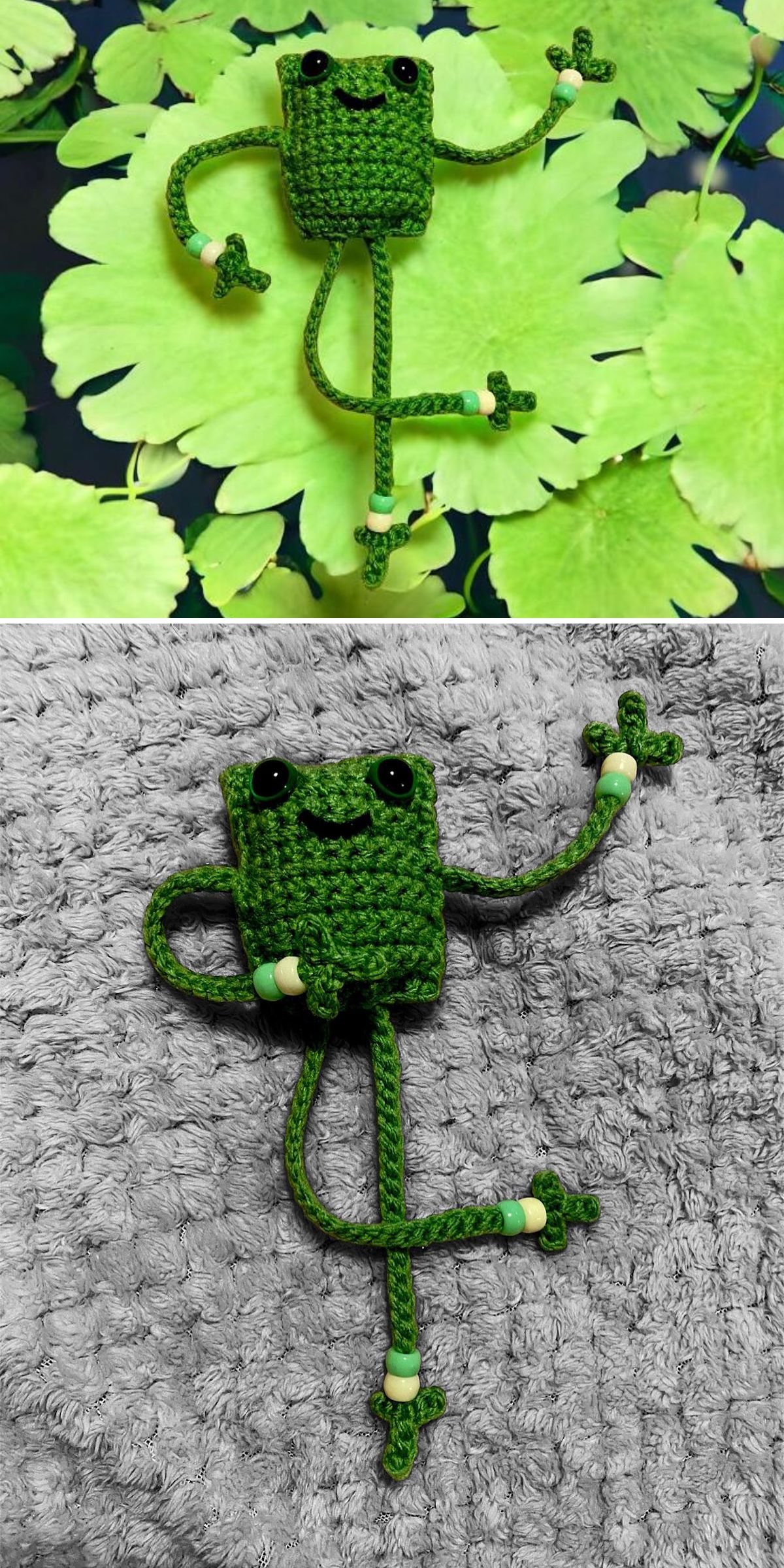 funny crochet frog with long legs