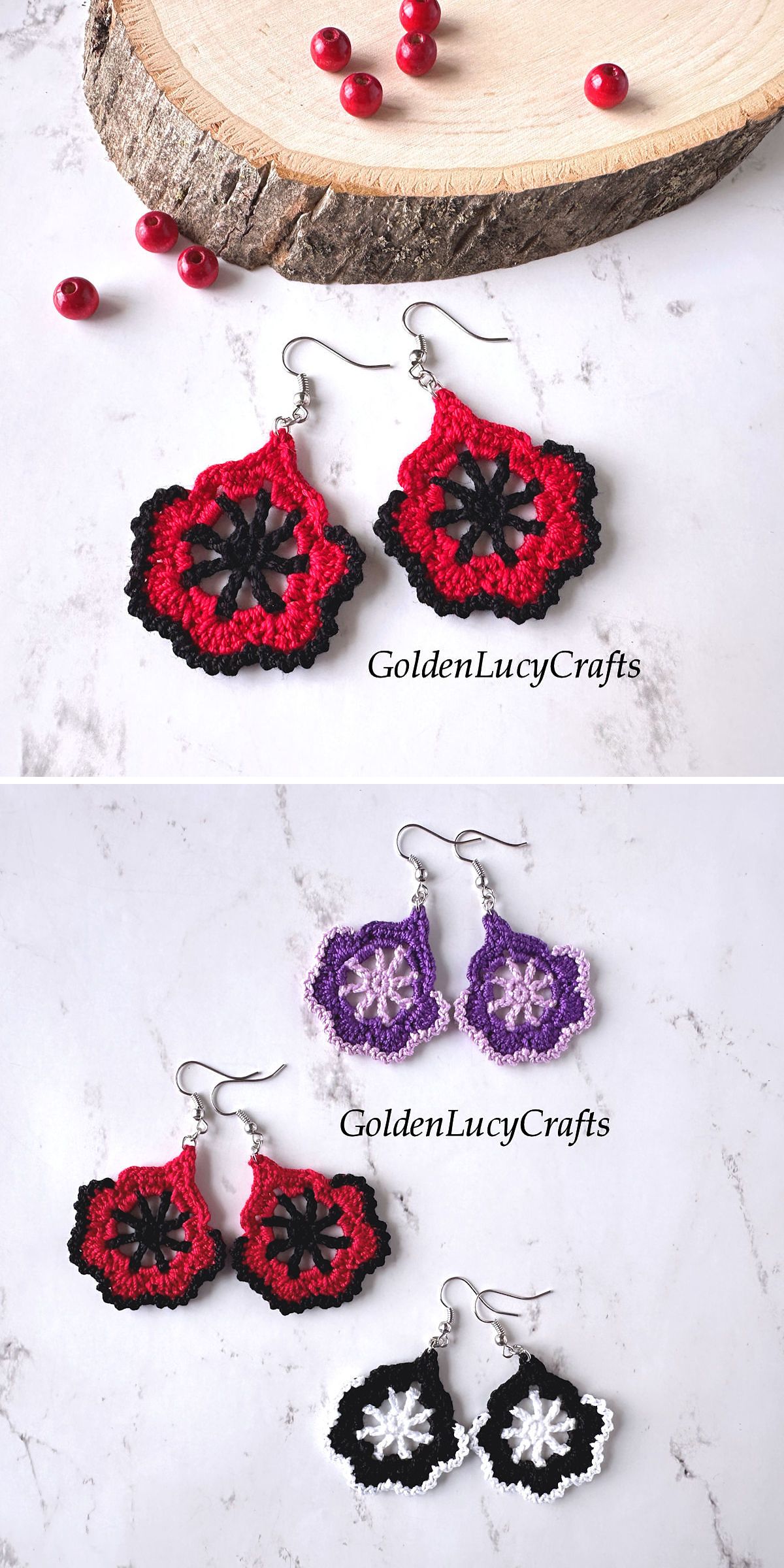 Three pairs of crochet earrings, each featuring unique flower designs in red, purple, and black-and-white, are displayed on a marble surface alongside a wooden tray and red berries.