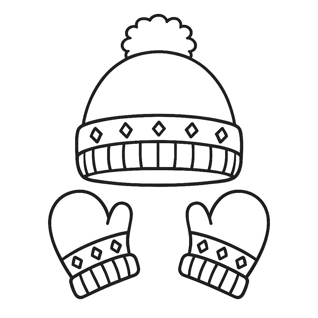 A winter hat with a pom-pom and a pair of matching mittens featuring a geometric pattern, perfect for inspiration while working on winter coloring pages.