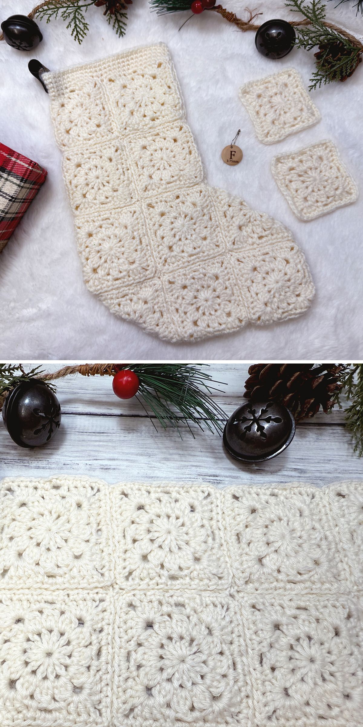 A set of Crochet Christmas Stockings and matching coasters, crafted from cream-colored granny squares, displayed with festive holiday decorations on a white surface.