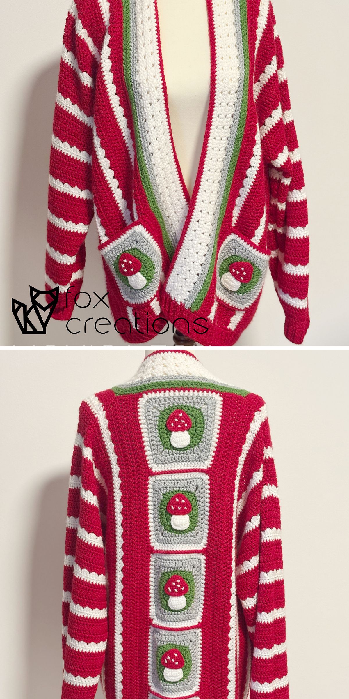 Red, white, and green crochet cardigan with striped sleeves and mushroom motifs on the front pockets and back panels, displayed on a mannequin against a plain background.
