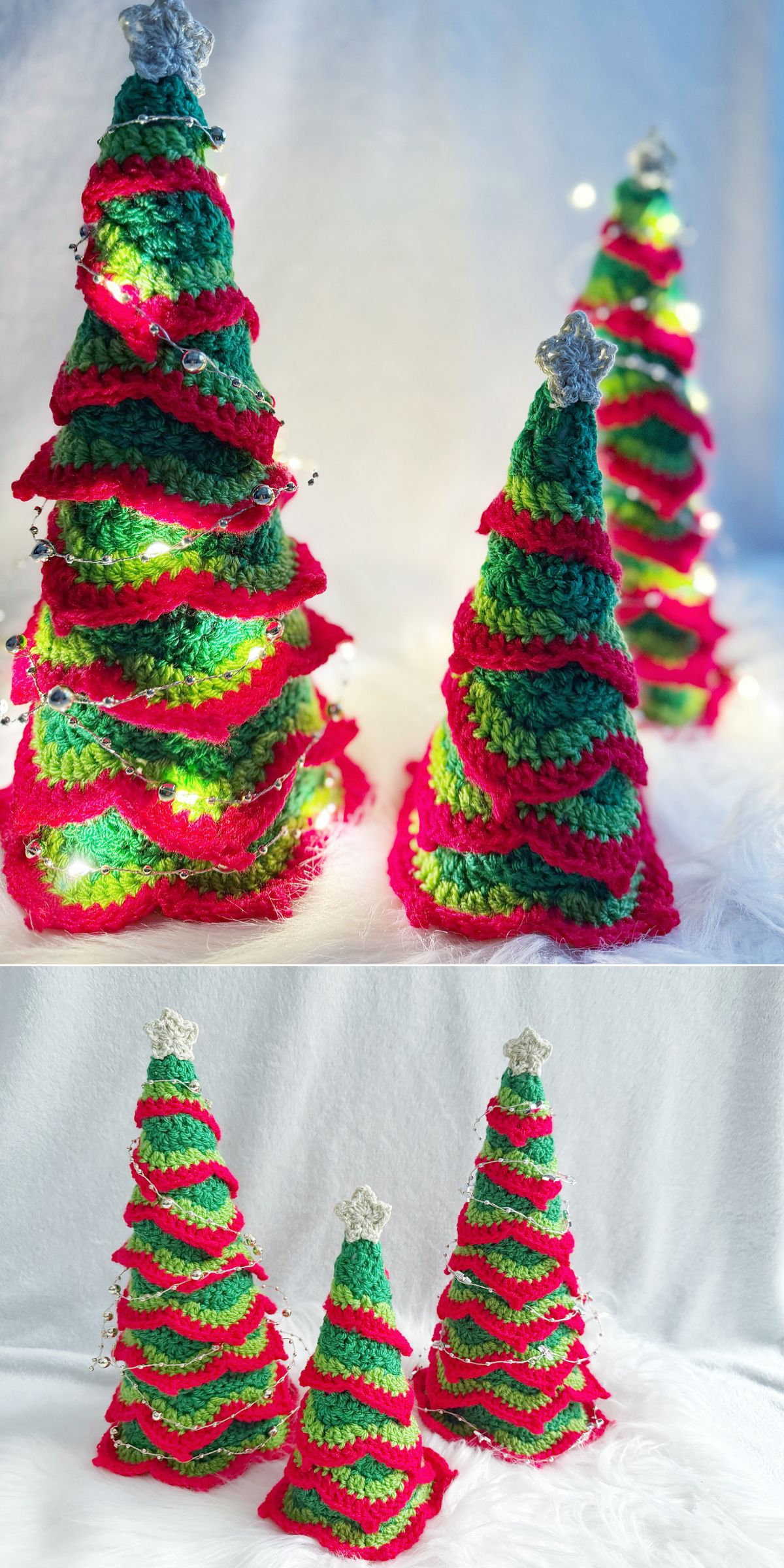 Three crochet Christmas trees with alternating red and green layers, topped with silver stars, are displayed on a white surface, some adorned with small string lights for a festive touch.