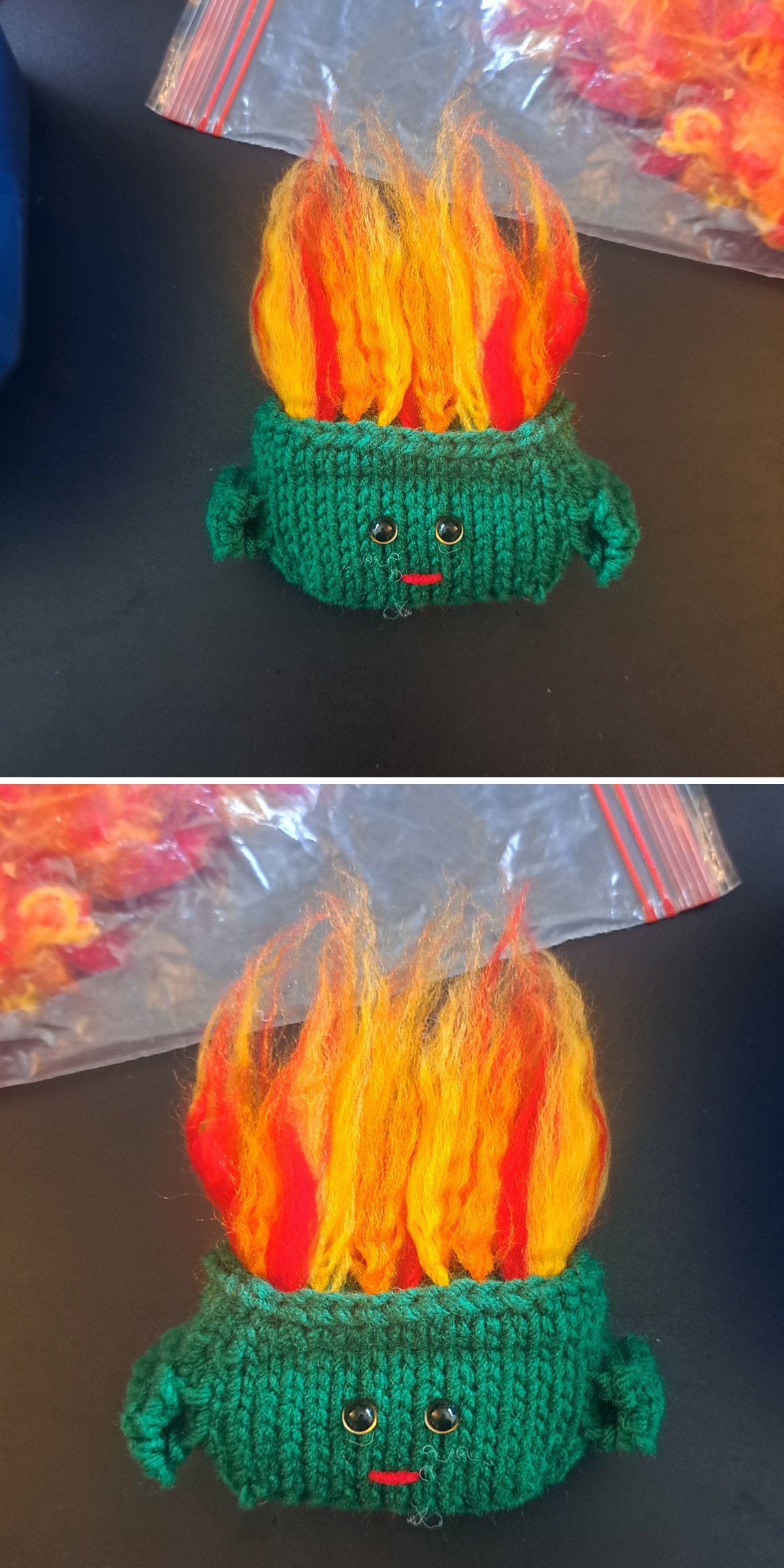 Two photos of a small, green, knitted toy creature with black button eyes and multi-colored yarn hair styled to resemble flames.