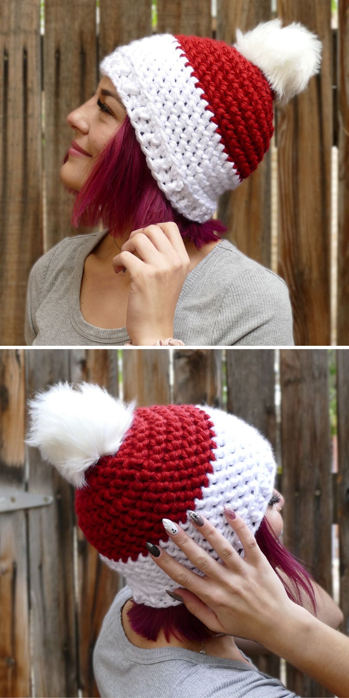A person with magenta hair wears a Crochet Christmas Hat — crocheted in red and white with a white pom-pom — shown from the side and back against a wooden fence background.