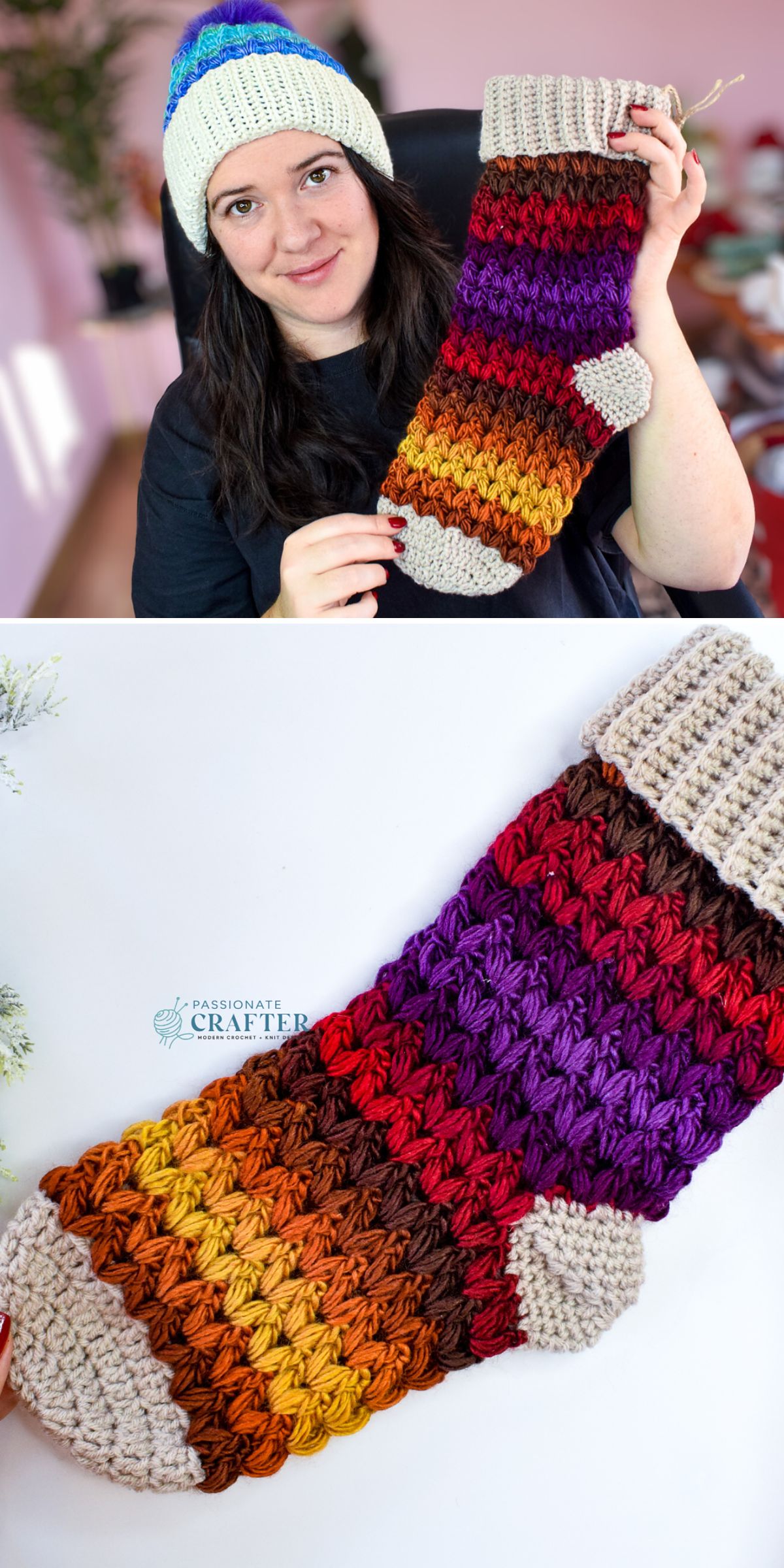 A person holds a large Crochet Christmas Stocking with vibrant stripes of red, orange, yellow, purple, and beige. A close-up reveals the festive texture of the stocking on a flat surface.