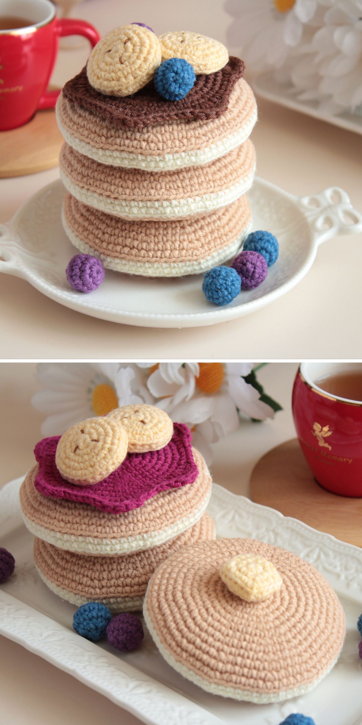 cute crochet pancakes on a plate with crochet decor - jam and berries