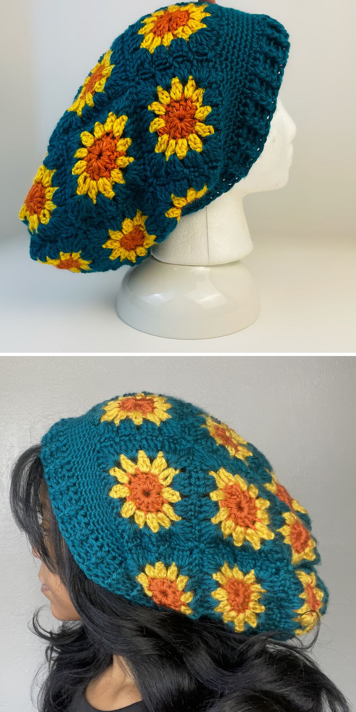 Crocheted slouchy crochet beanie with a sunflower pattern in yellow, orange, and green, shown on a mannequin and worn by a person with long dark hair.