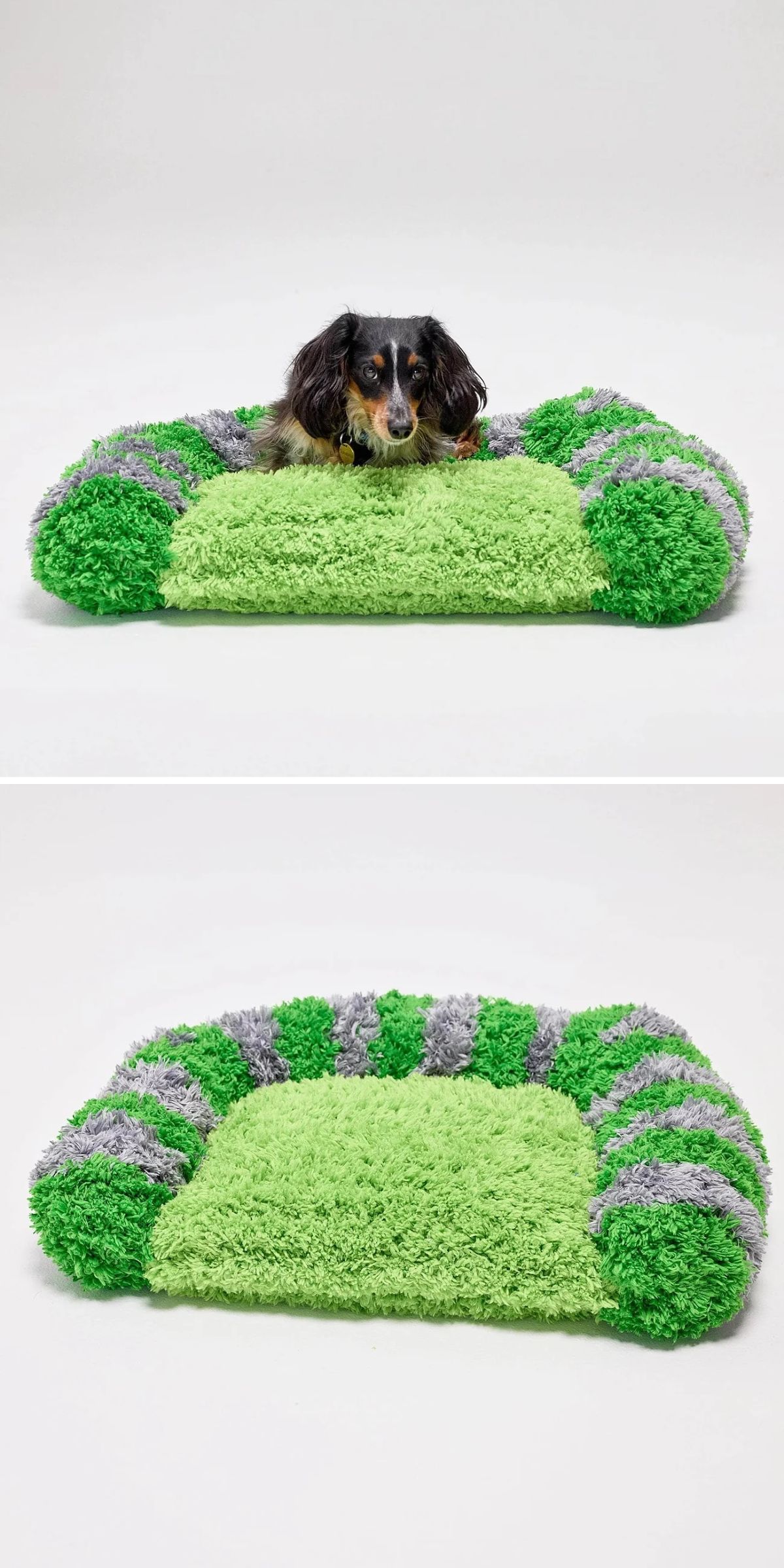 a dog in a bright green fluffy crochet pet bed