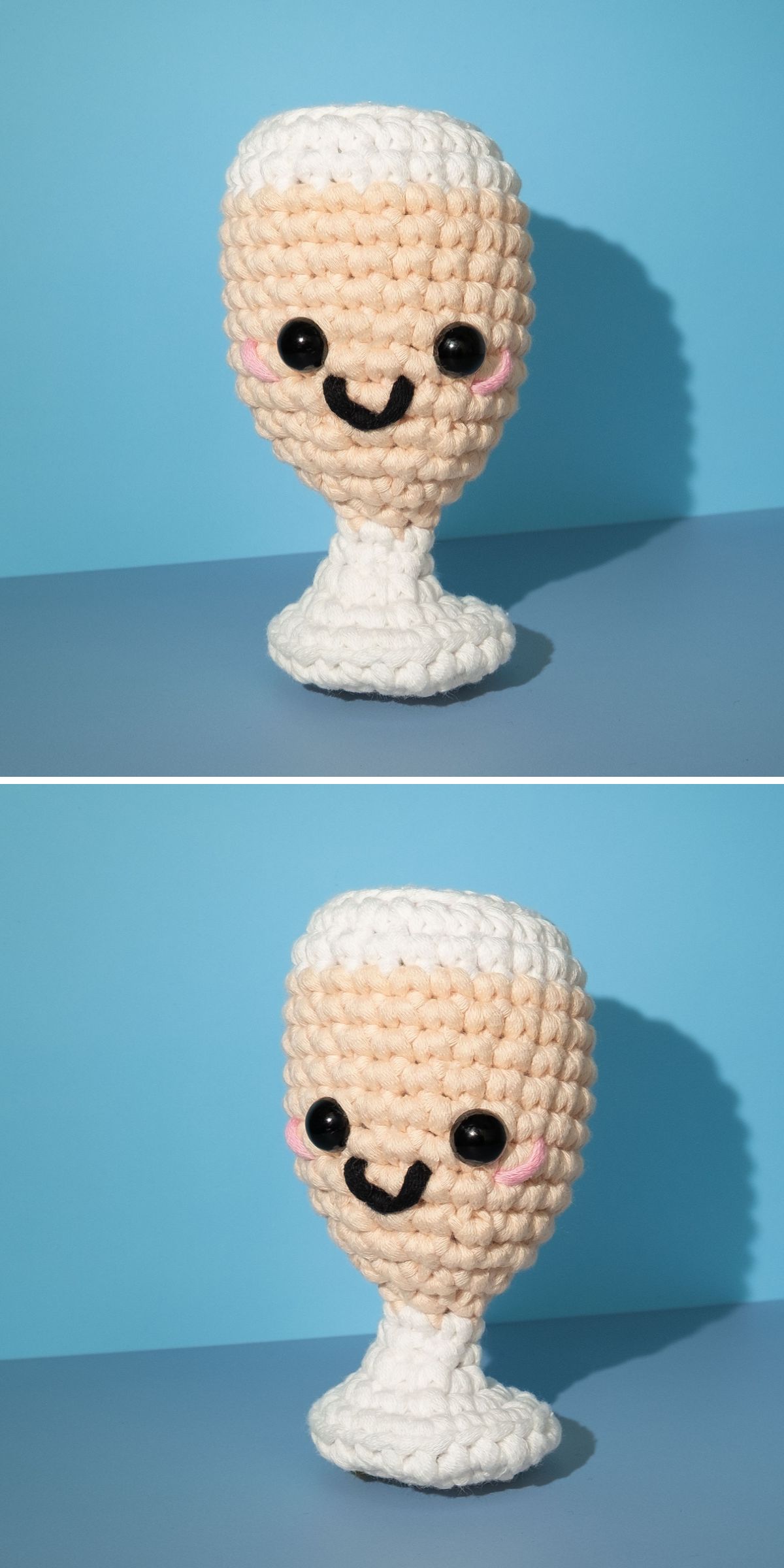 Two photos of a crocheted goblet with large black eyes, a smiling mouth, and pink cheeks, set against a blue background — perfect inspiration for crochet drink patterns.