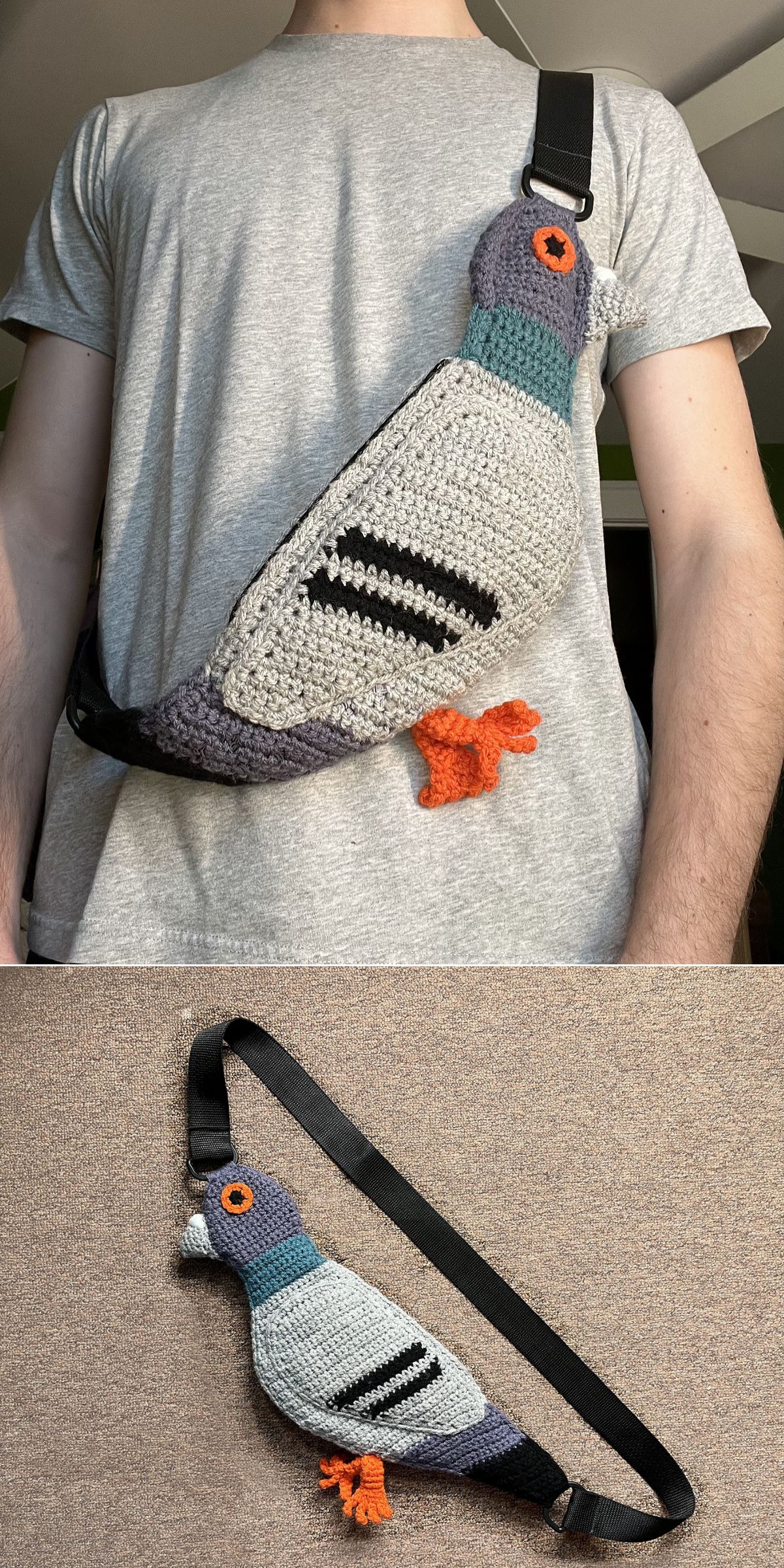 A person wears a crocheted crossbody bag shaped like a pigeon—a whimsical crochet bag for kids. A second image shows the adorable bag laid flat on a beige surface.