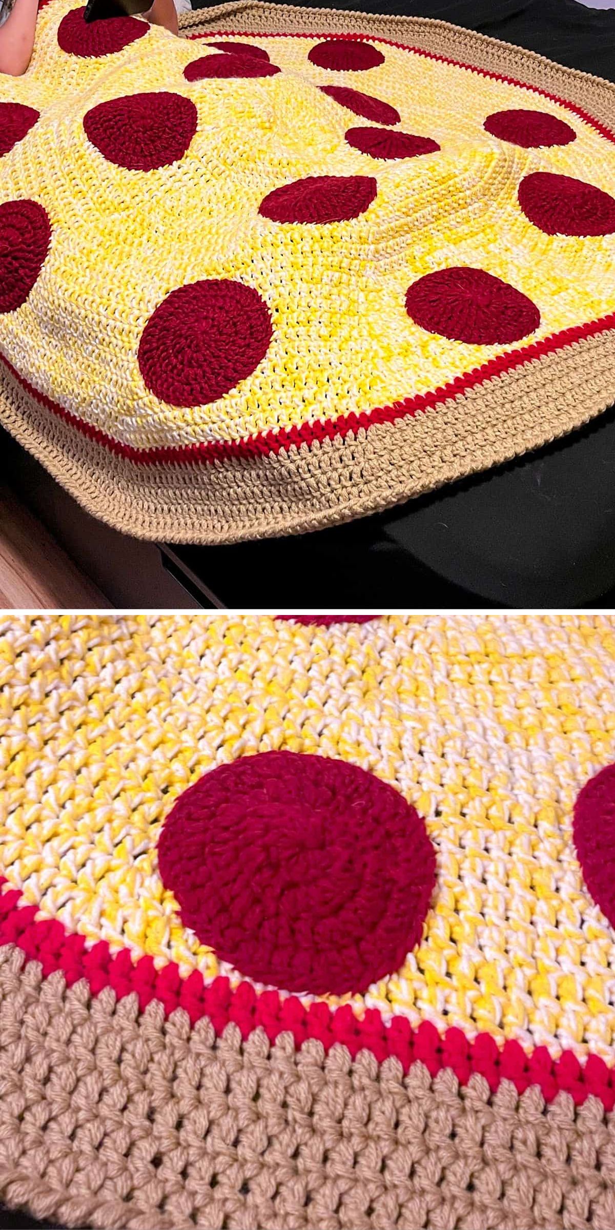 a cute round crochet blanket resembling pizza