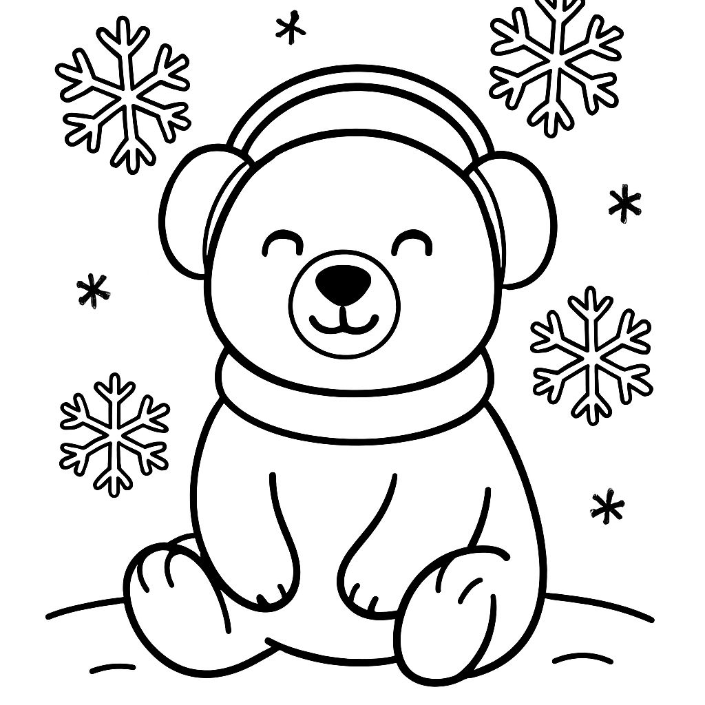 A cartoon bear wearing earmuffs and a scarf sits on the ground with snowflakes falling around it, perfect for winter coloring pages.