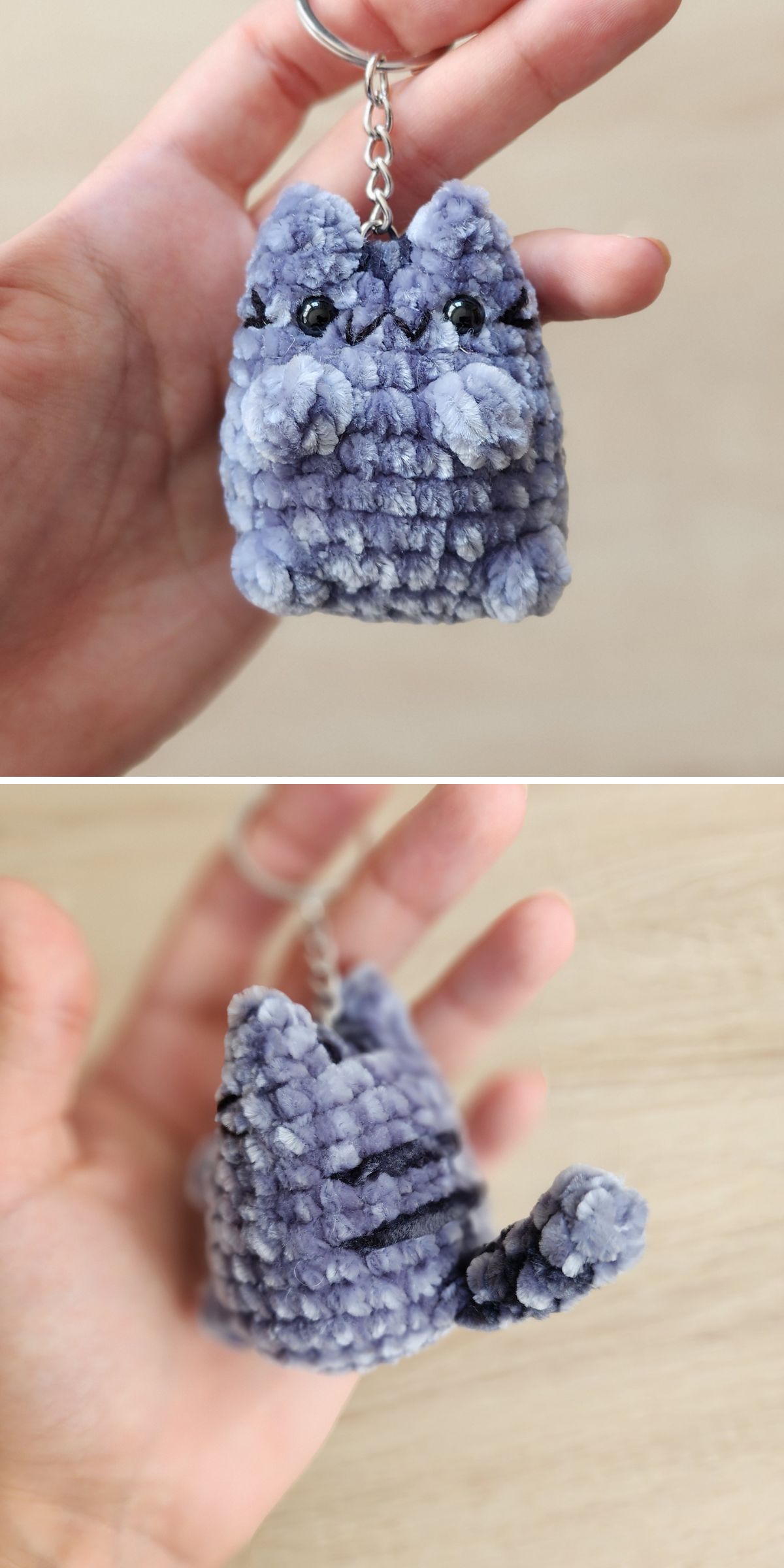 a lovely crochet pusheen keychain