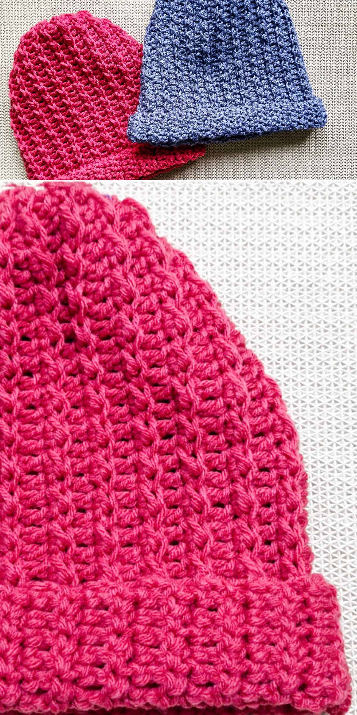 two textured crochet beanies in blue and fuchsia