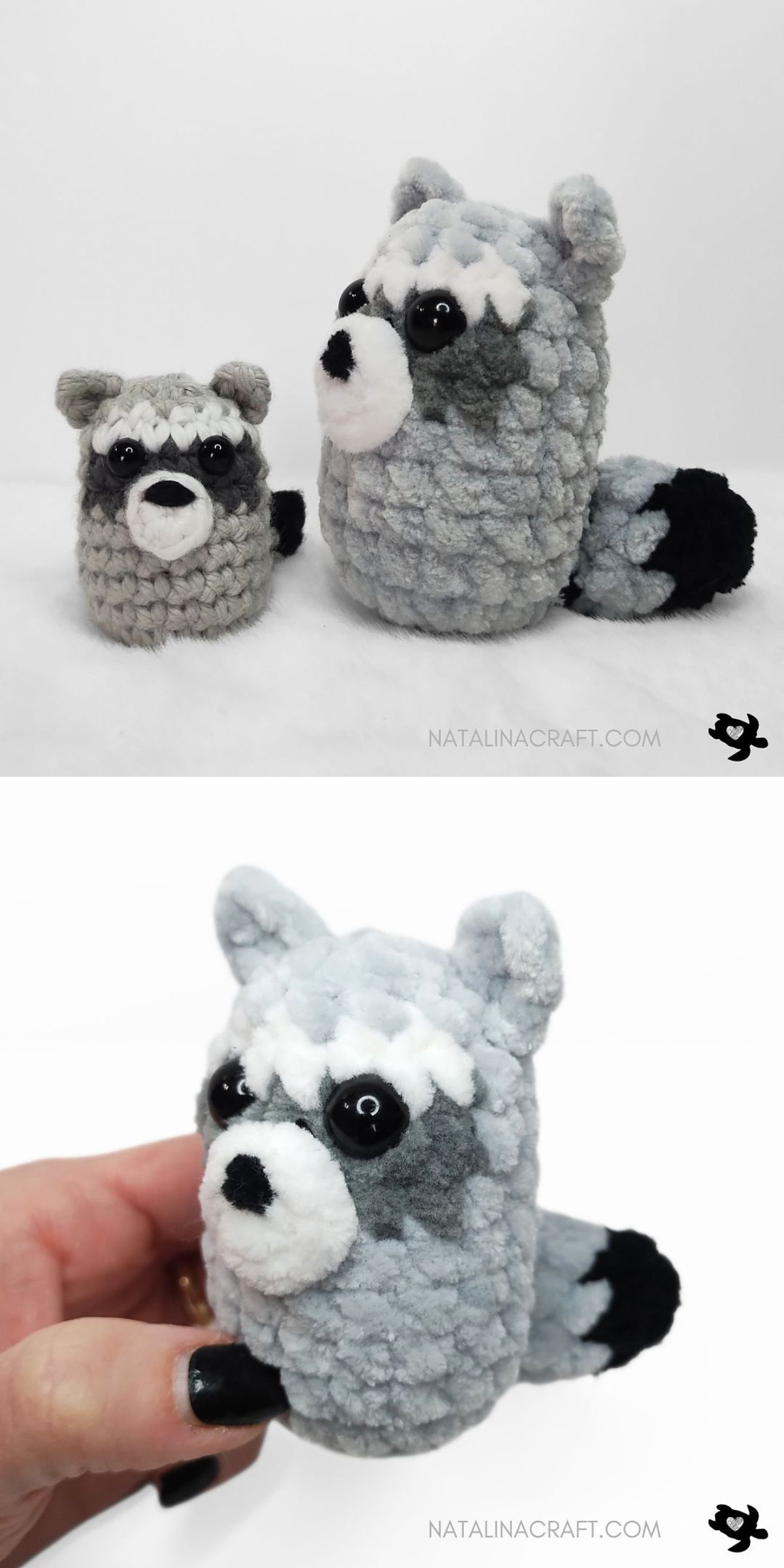 Two crocheted raccoon plush toys, one small and one larger, are shown in detail on a white background. Perfect for woodland decor, these adorable creations are made using crochet raccoon patterns. A hand holds the smaller toy in the lower image.