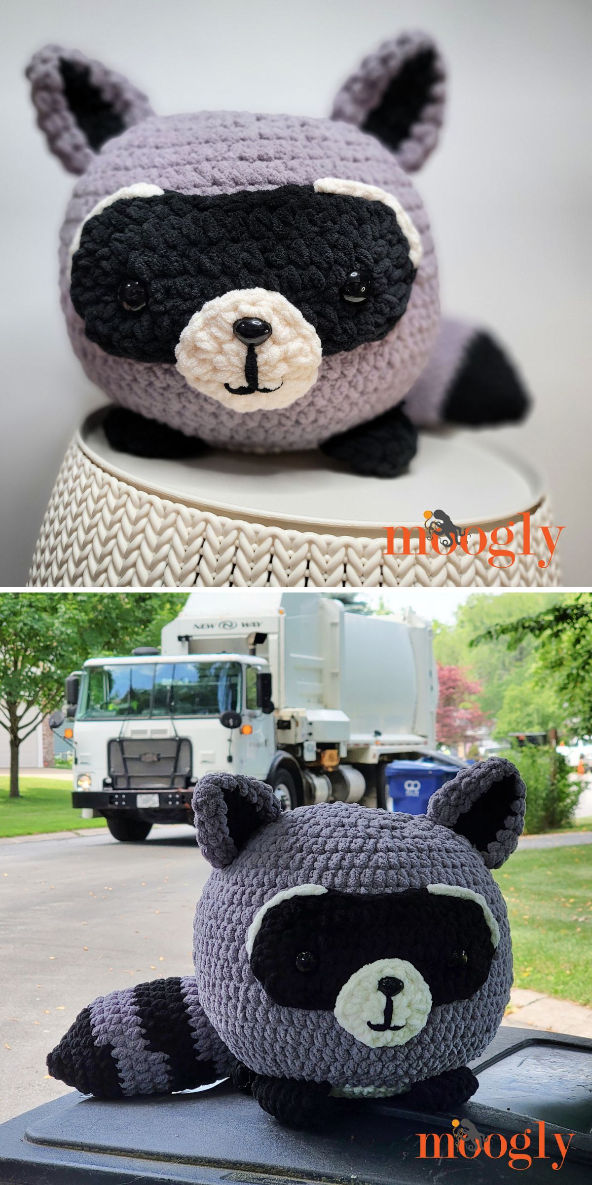 Two images show a crocheted raccoon plush toy—perfect for woodland decor—first on a stool indoors, then outdoors by a garbage truck. Both photos feature the "moogly" logo and showcase fun free crochet creativity.