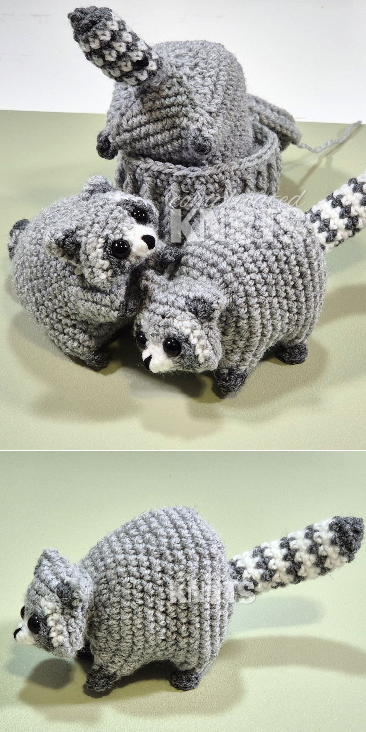 Two photos feature plush raccoons made with Crochet Raccoon Patterns, displaying striped tails and large black eyes. One image shows two raccoons side by side, while the other captures a single raccoon from a side angle—perfect for woodland decor!.