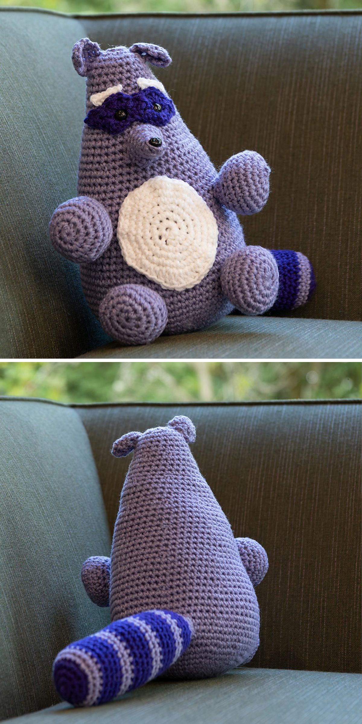 A crocheted plush raccoon with a white belly, purple mask, and striped tail is displayed on a green couch, shown from the front and back—perfect for woodland decor or those seeking unique crochet raccoon patterns.