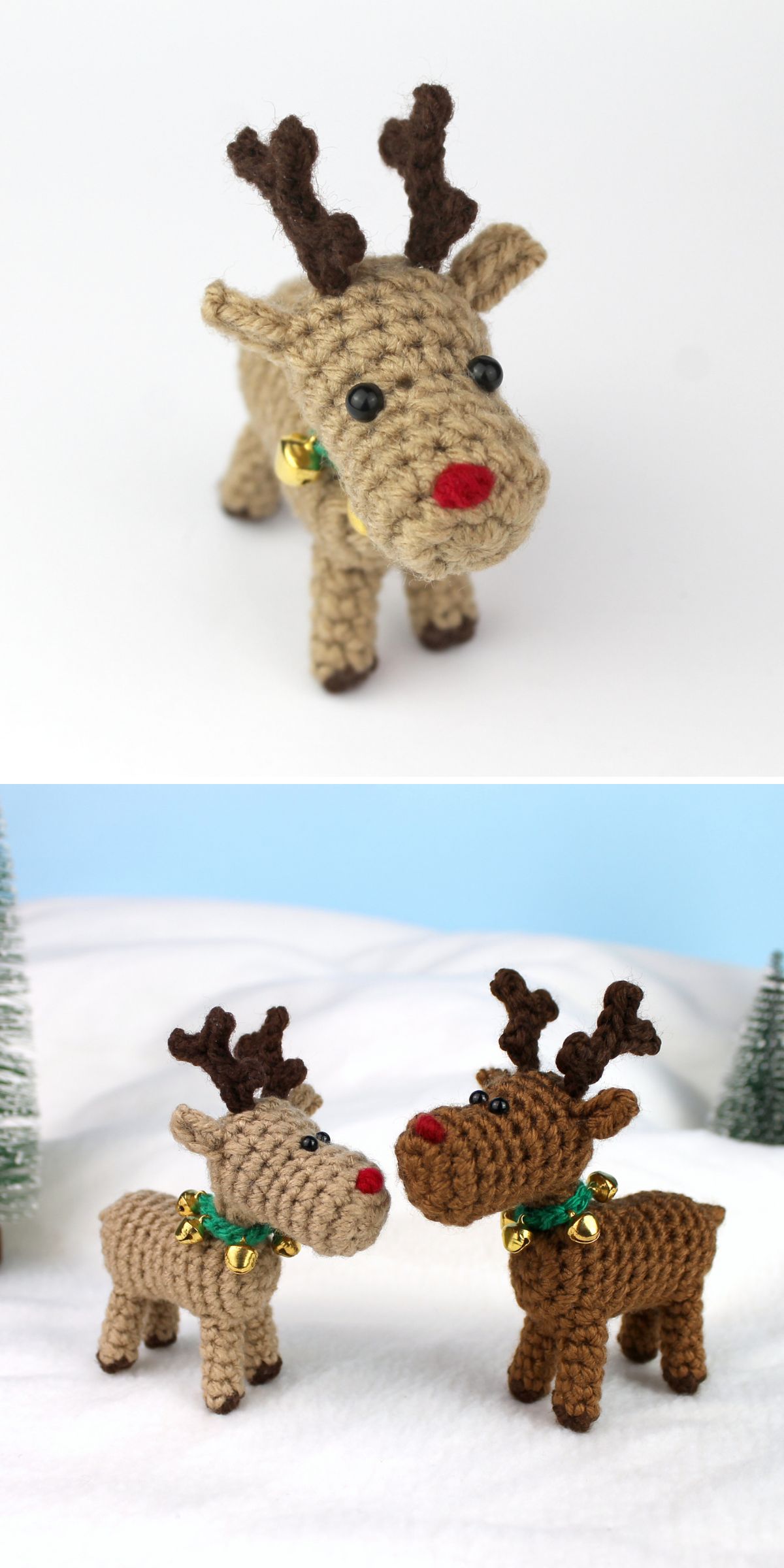 Two crochet reindeer toys with antlers and red noses, one alone and two together on a snowy surface with small trees in the background—perfect holiday decor for crochet reindeer lovers.