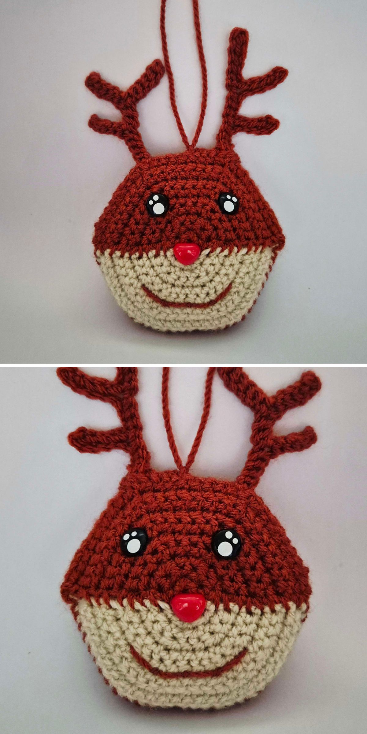 Two photos show a crochet reindeer ornament with antlers, a red nose, black eyes with white spots, and a smiling mouth on a white background.