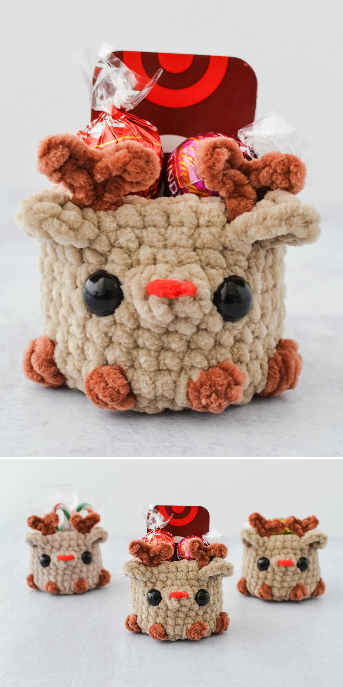 Three small, plush crochet reindeer containers hold candies and a red gift card, displayed on a light surface.
