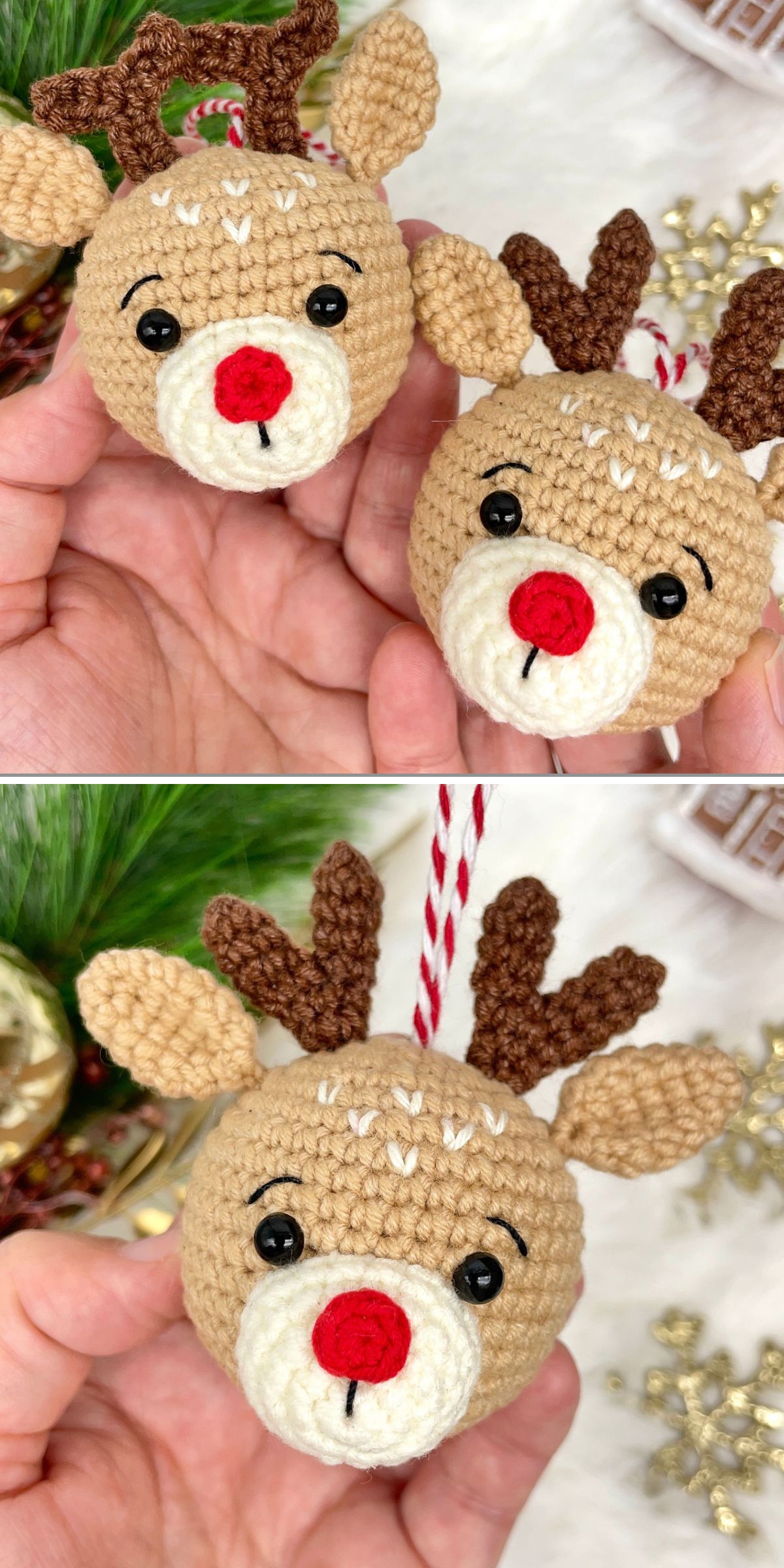 Two crochet reindeer ornaments with red noses and brown antlers, held in hand and shown from different angles.