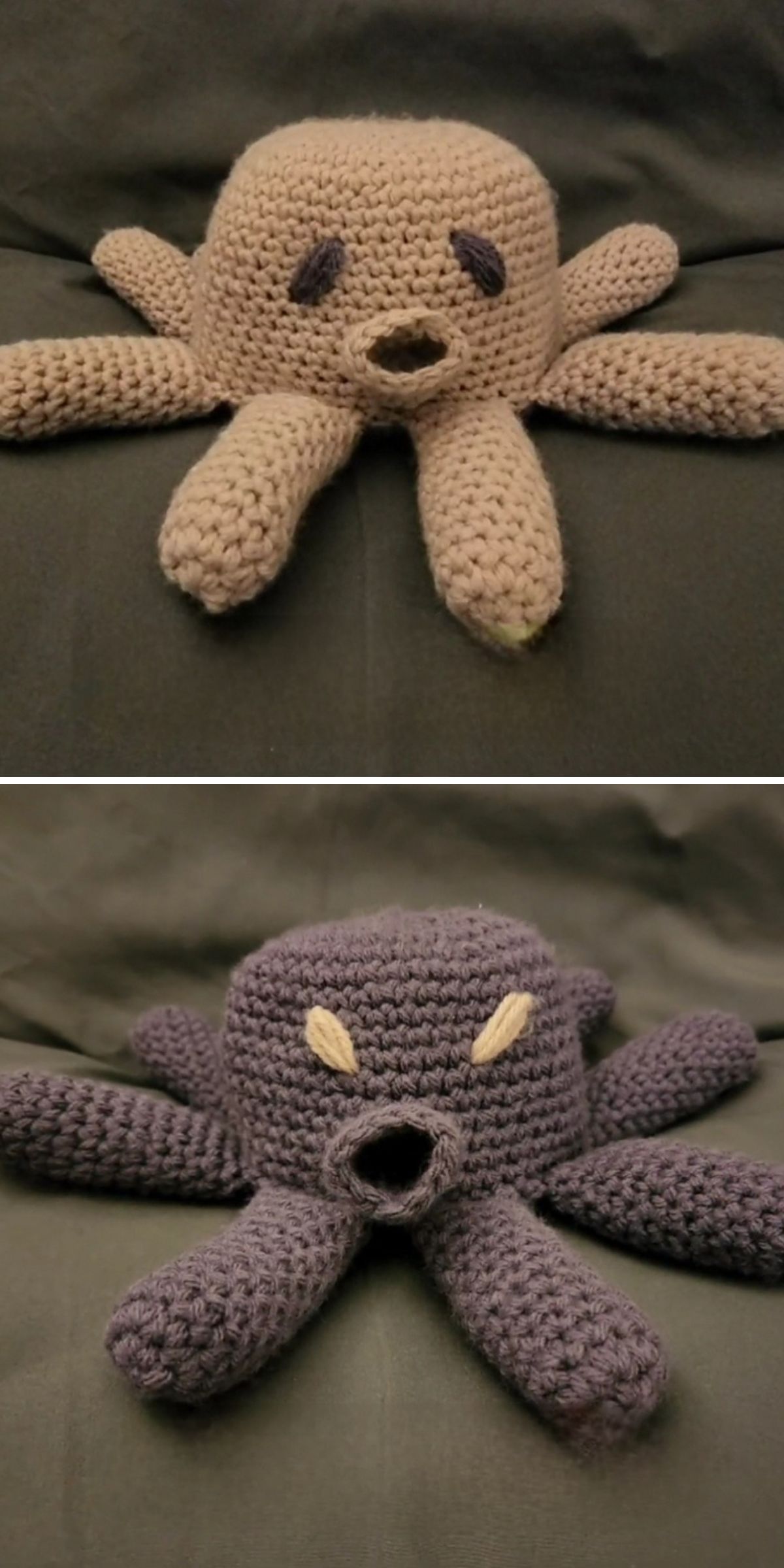 Two reversible octopus amigurumi toys are shown — one in light brown with droopy eyes and a round mouth, the other in dark gray with slanted eyes and an open circular mouth.