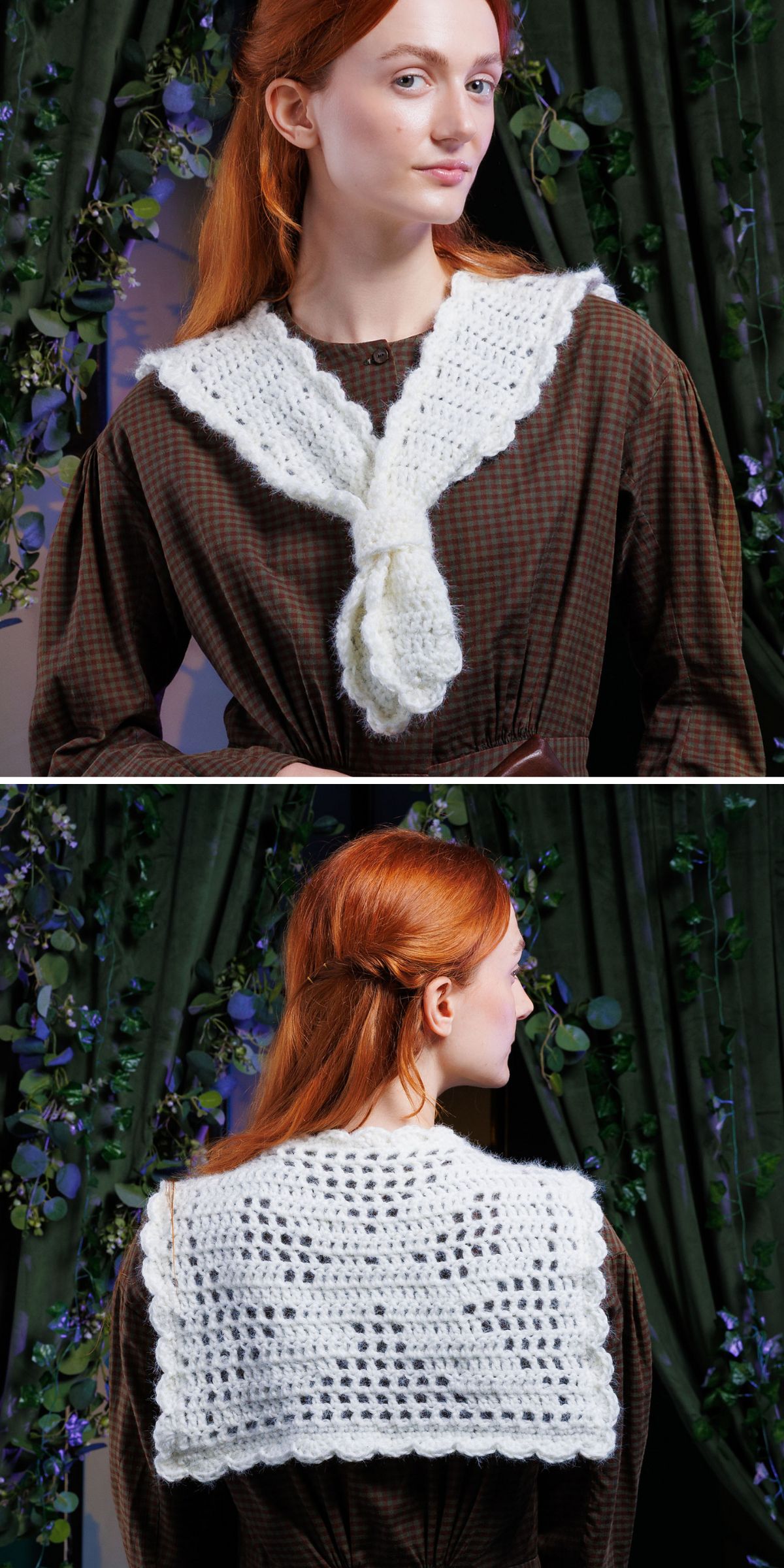 A woman wearing a brown dress models a white crochet collar scarf, shown from the front and back against a backdrop of green curtains and artificial foliage.