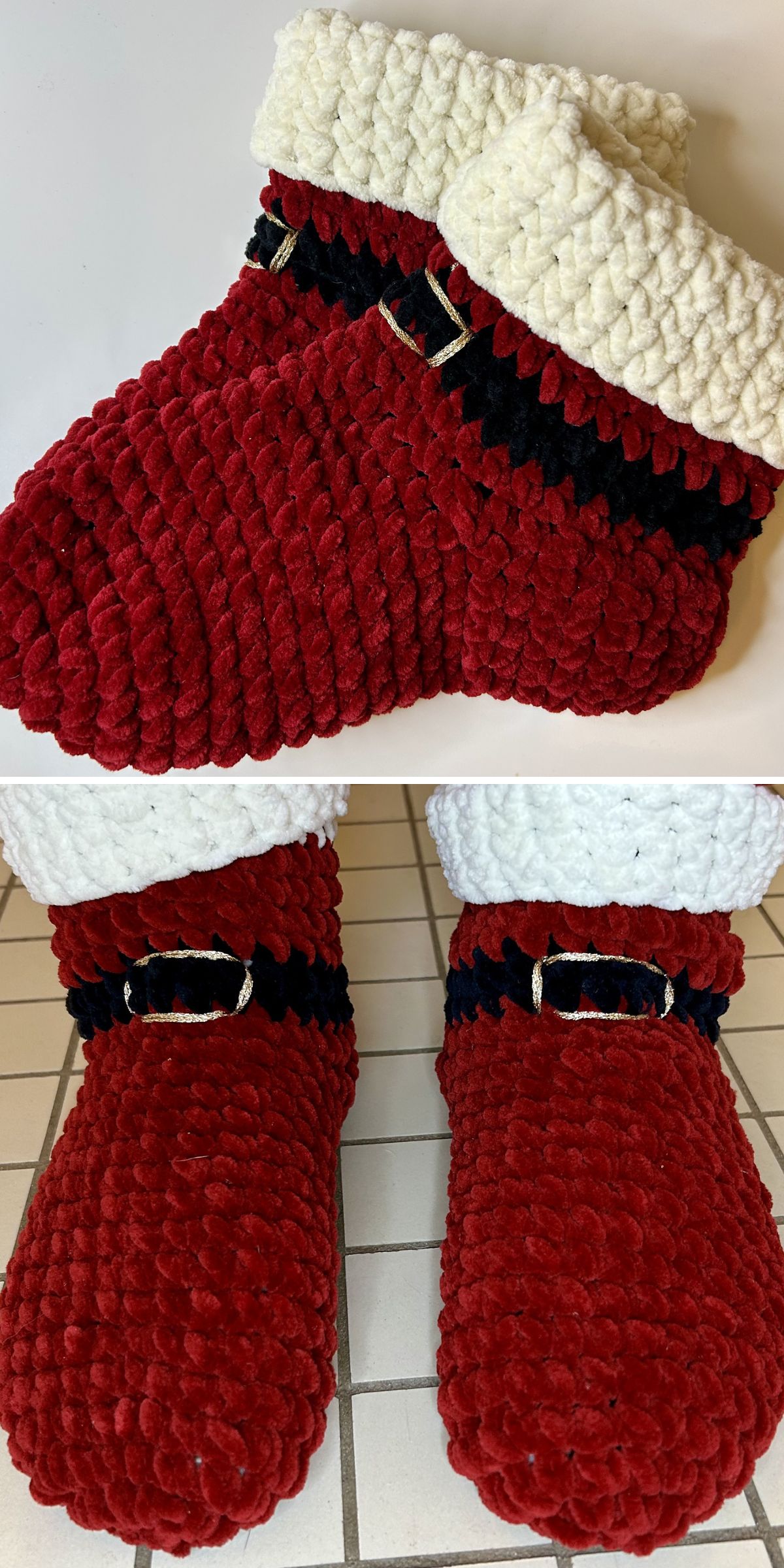 Two photos display thick, crochet slippers styled like Santa boots—with red bodies, white cuffs, black bands, and gold buckles — perfect for fans of Crochet Christmas Stockings and festive holiday comfort.