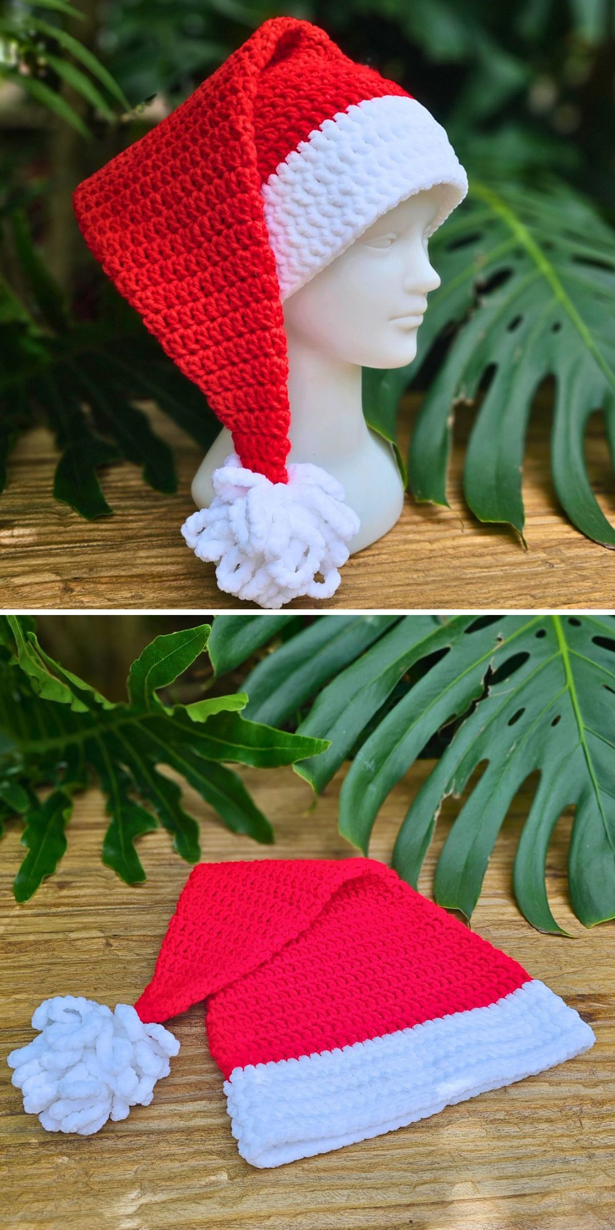 Two images showcase a Crochet Christmas Hat: a red and white Santa hat with a white pompom, displayed on a mannequin head and laid flat on a wooden surface with green leaves in the background.