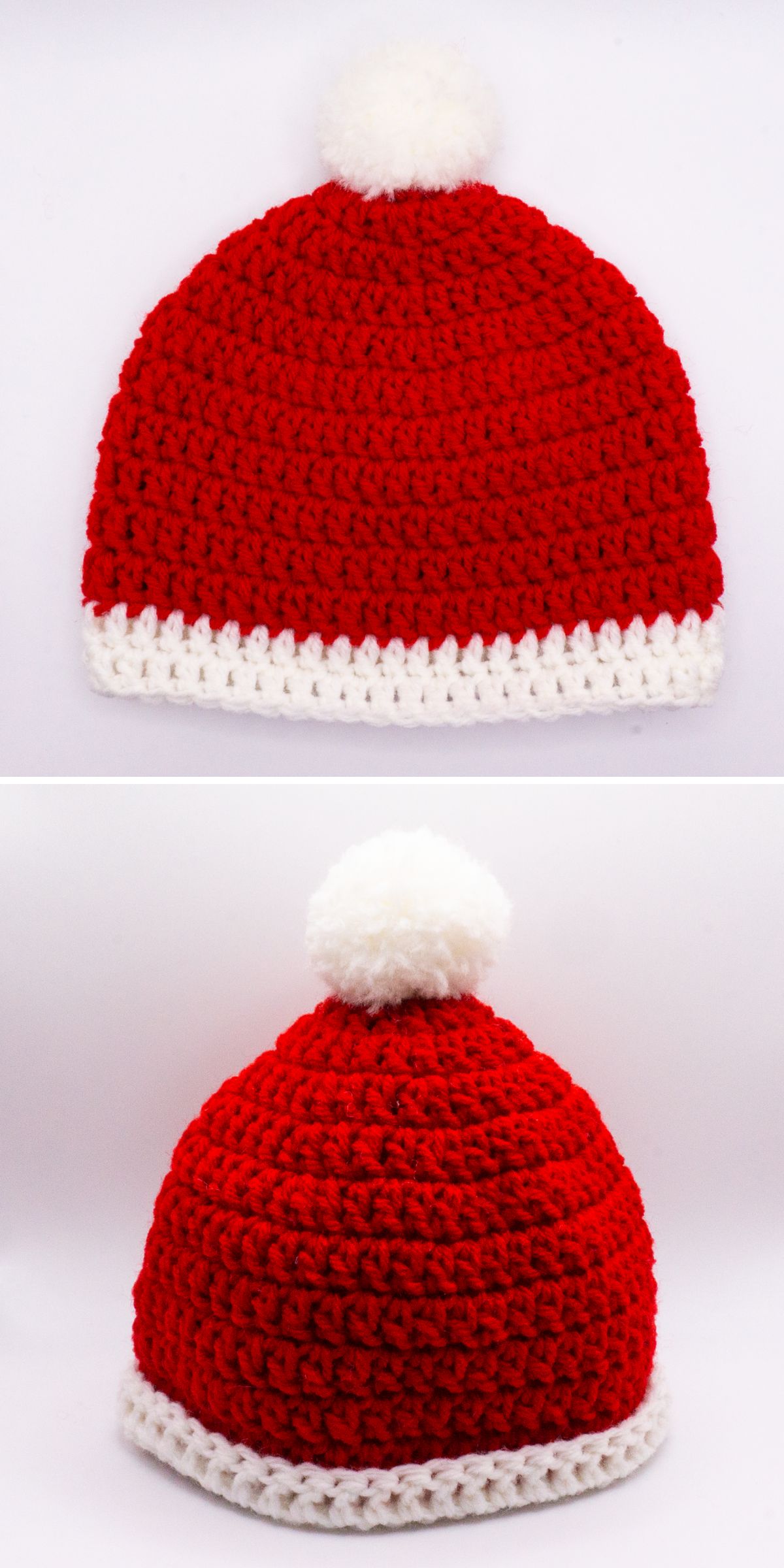 A red Crochet Christmas Hat with a white brim and a fluffy white pom-pom on top, shown from front and angled side views.