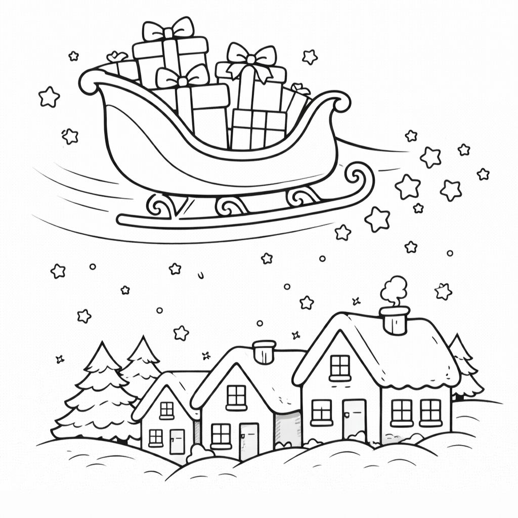 A sleigh filled with presents flies above snowy houses and pine trees, with stars scattered in the sky—perfect for kids to enjoy as a free printable Christmas coloring page.