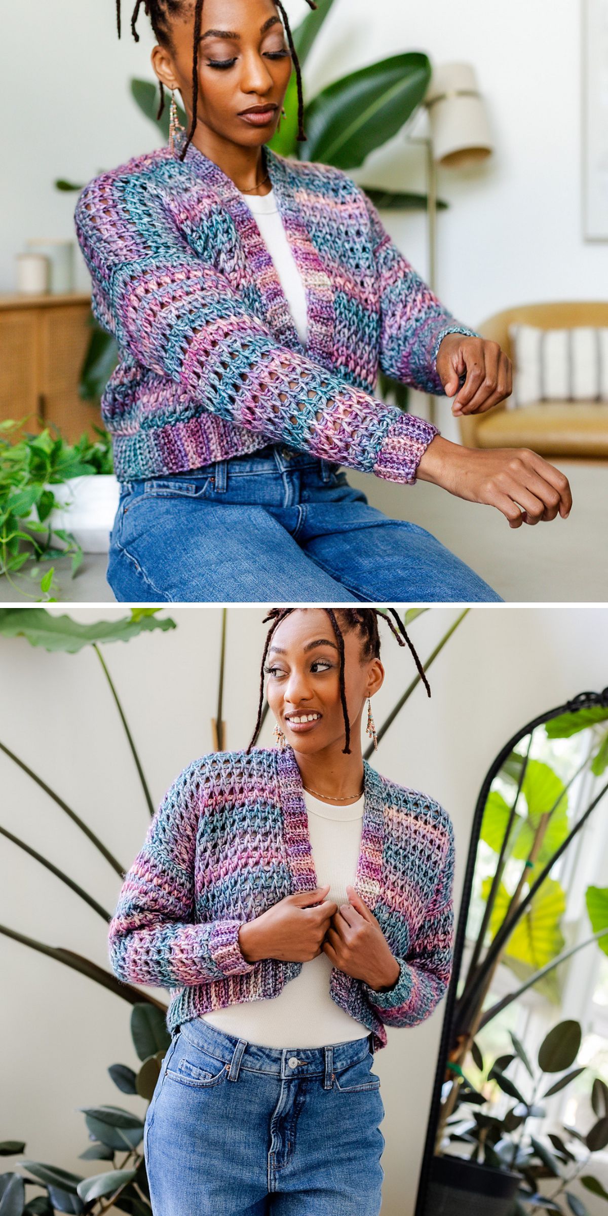 a woman in blue-pink crochet cropped cardigan