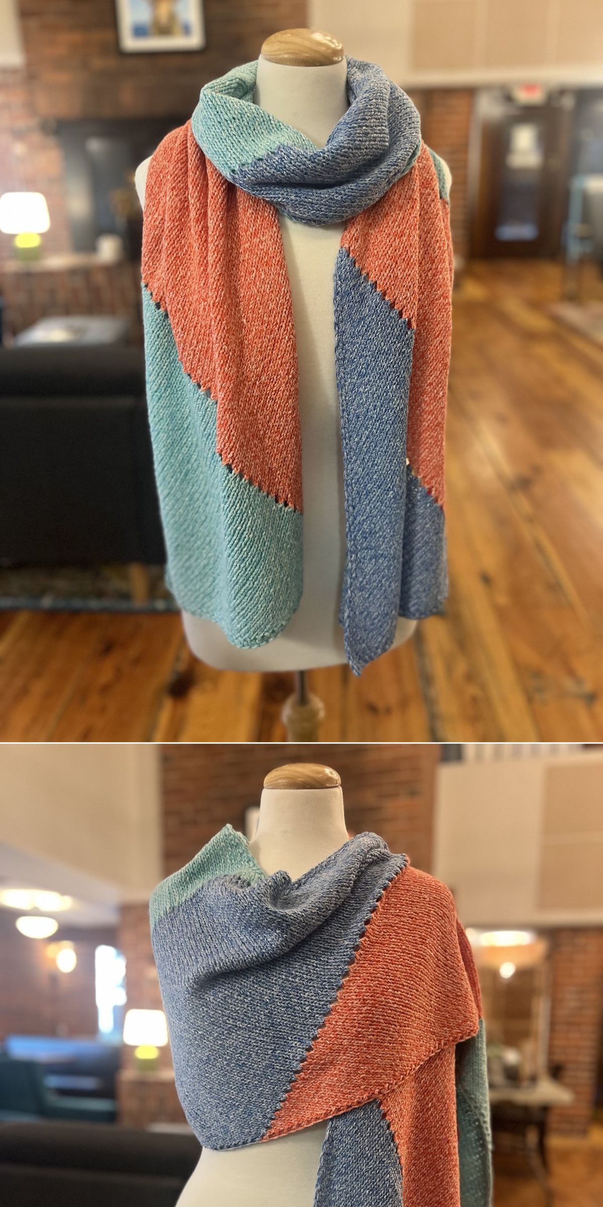 a color block knit wrap in blue, light blue and terracotta hues