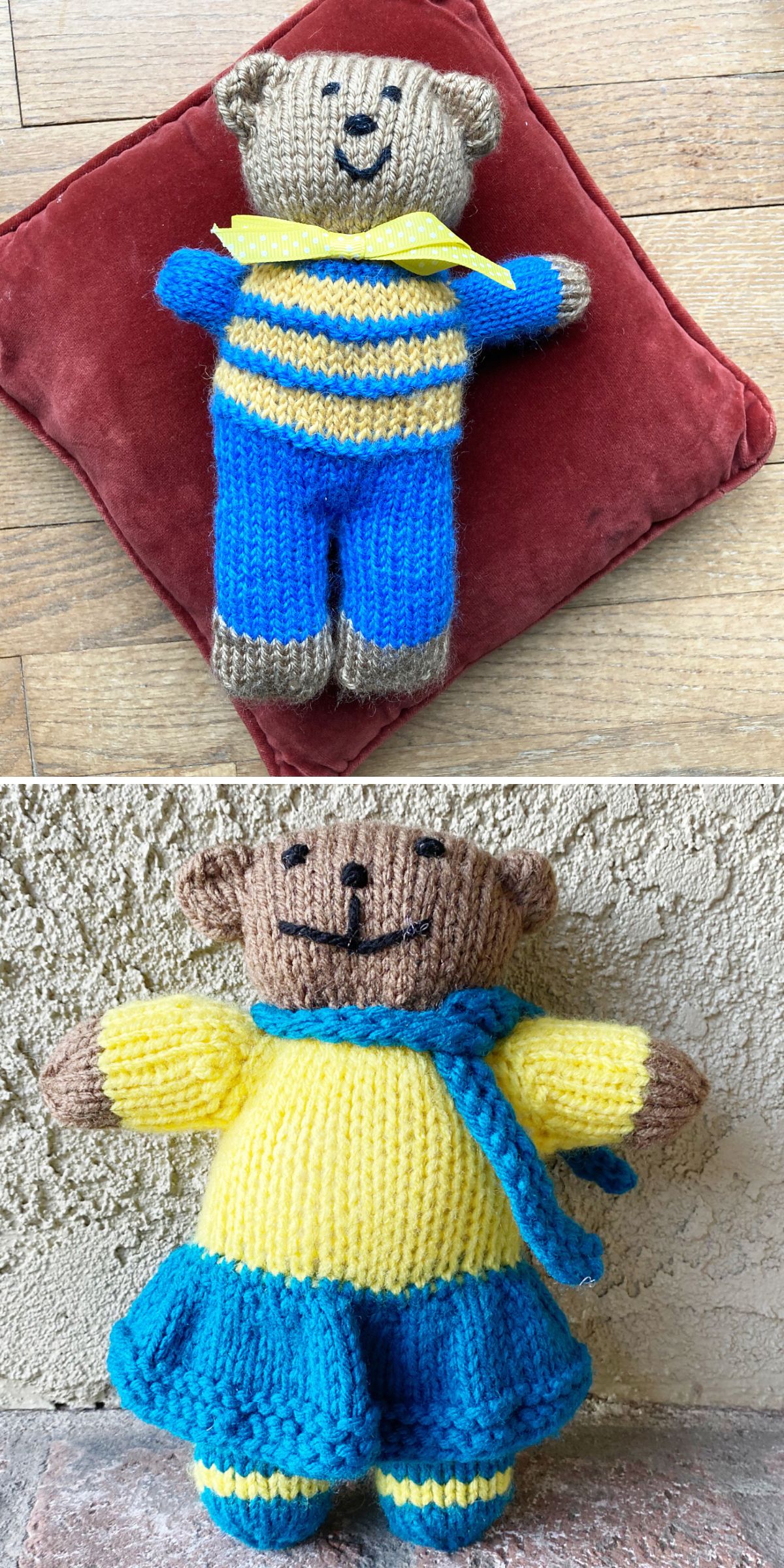 Two charming knitted toy teddy bears: one in a blue and yellow striped outfit with a yellow ribbon, lying on a red cushion; the other in a yellow and blue dress with a matching scarf, standing upright.