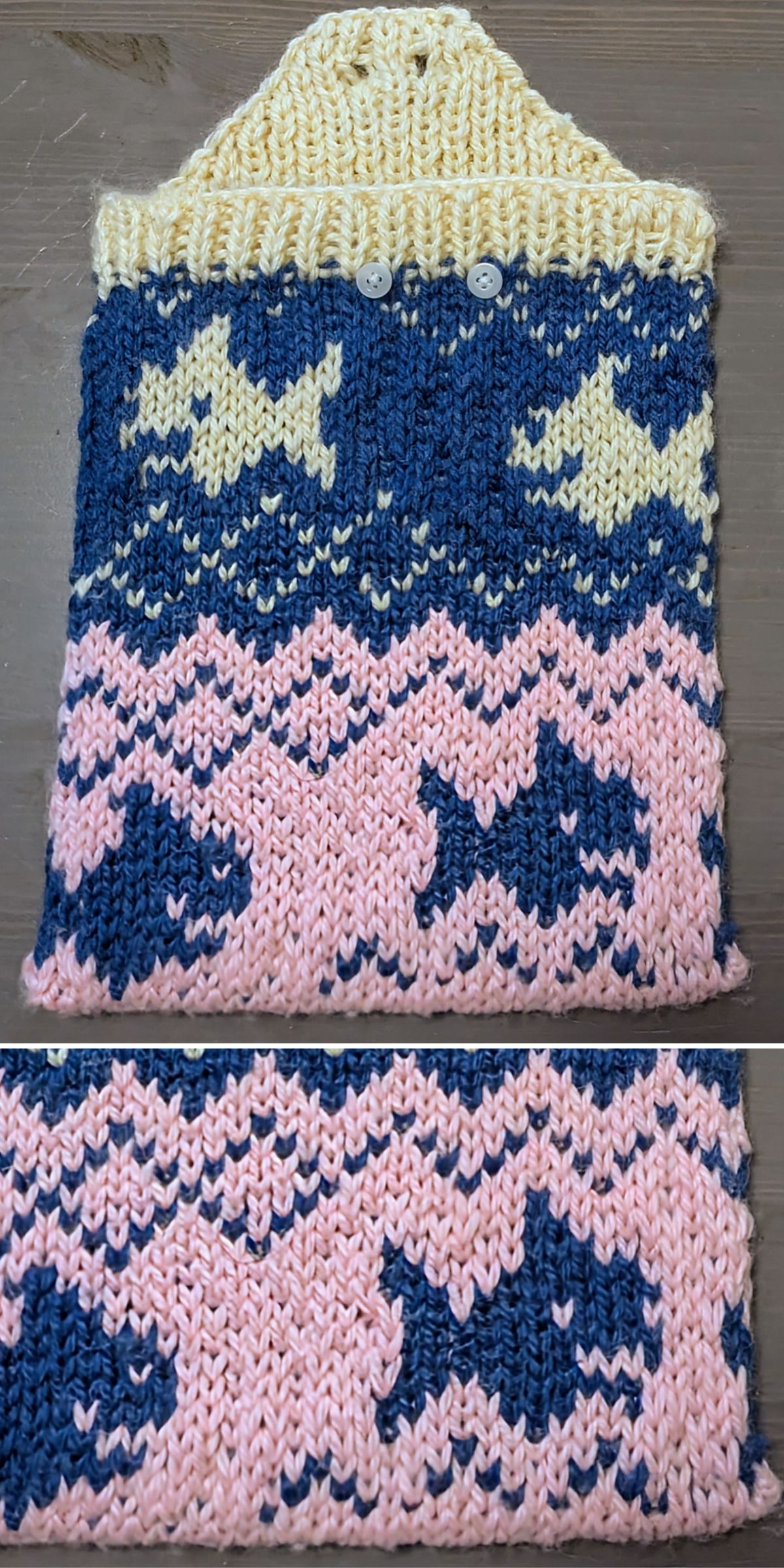 Hand-knitted pouch, perfect for small projects, with a yellow buttoned flap and fish patterns in yellow and pink on a blue background.