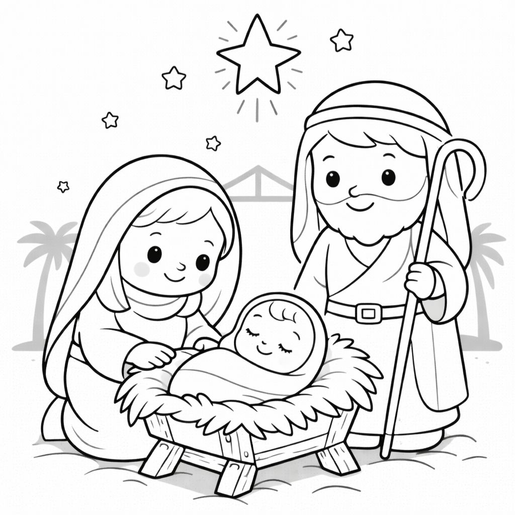 Cartoon illustration of Mary and Joseph with baby Jesus in a manger, under a star, with palm trees and stars—perfect for kids and free printable Christmas coloring pages.